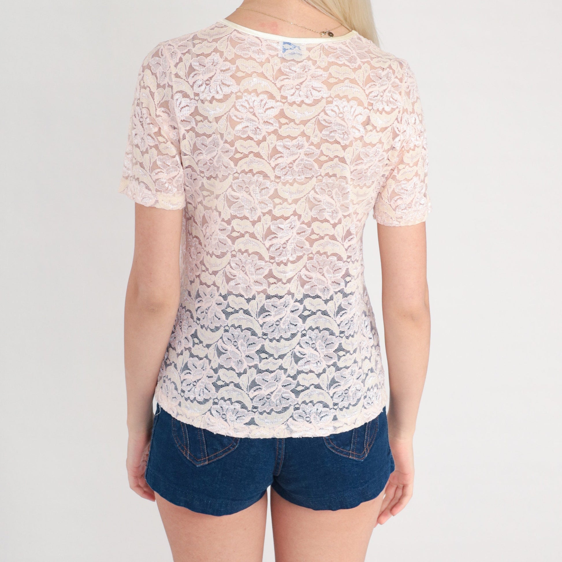 80s Sheer Lace Floral Shirt Baby Pink White Short Sleeve Blouse Medium