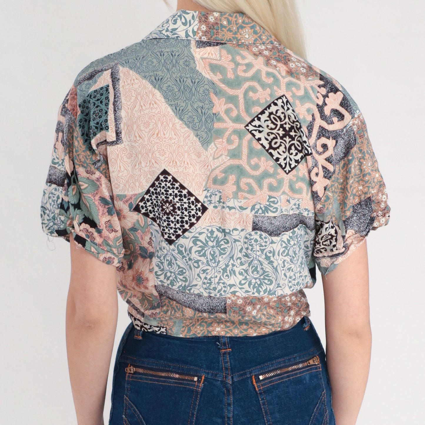 90s Patchwork Floral Crop Top Tie Waist Open Front Rayon Blouse Small