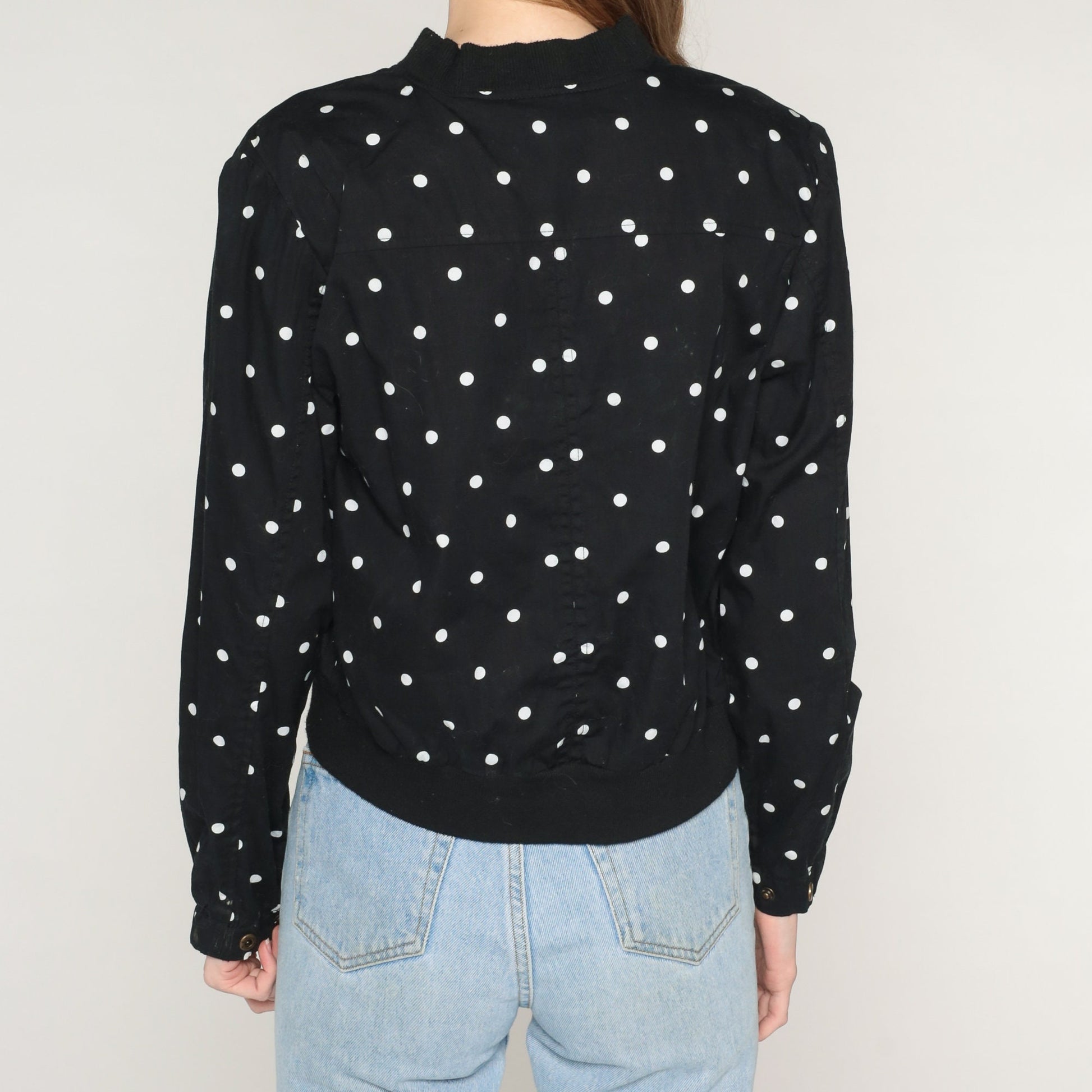 Y2K Black Cotton Zip Jacket White Polka Dot Print Small S
