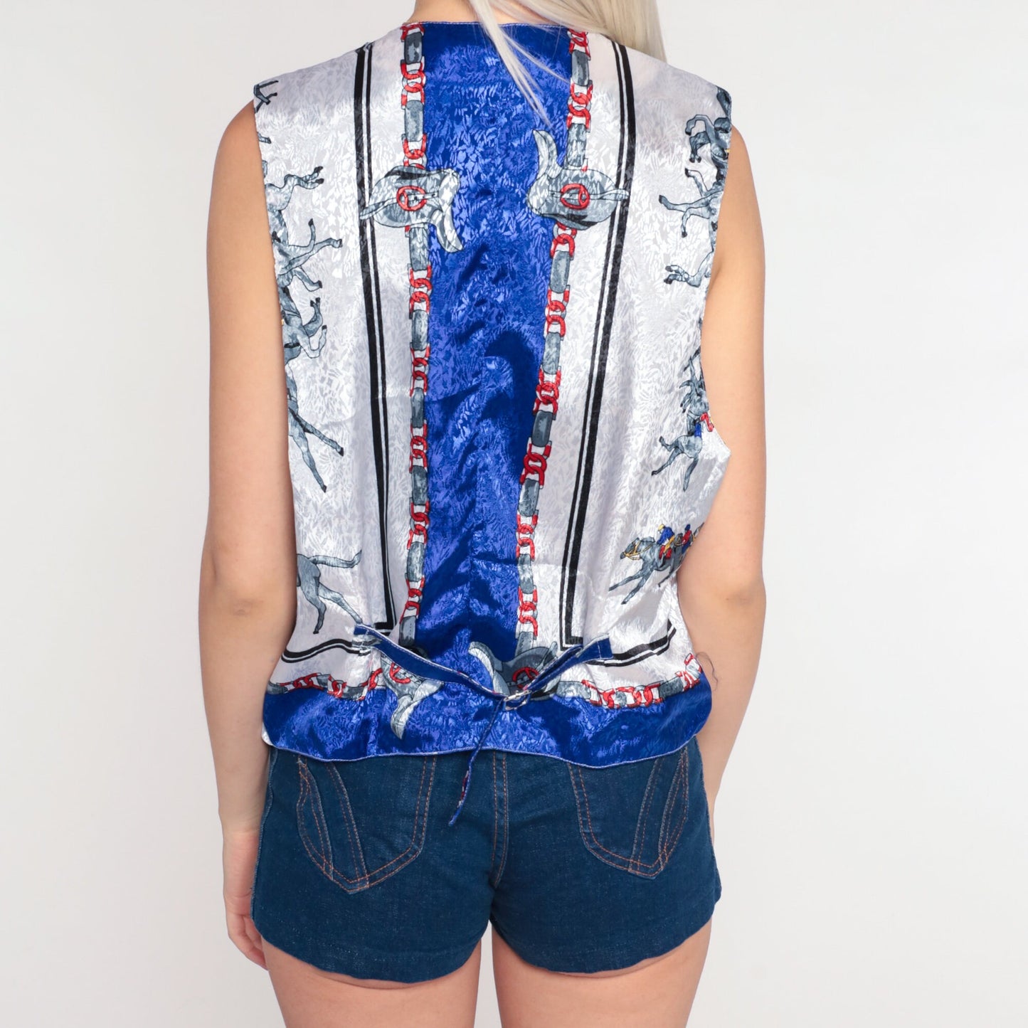 90s Baroque Horse Embossed Vest Equestrian Print Sleeveless White Medium Large