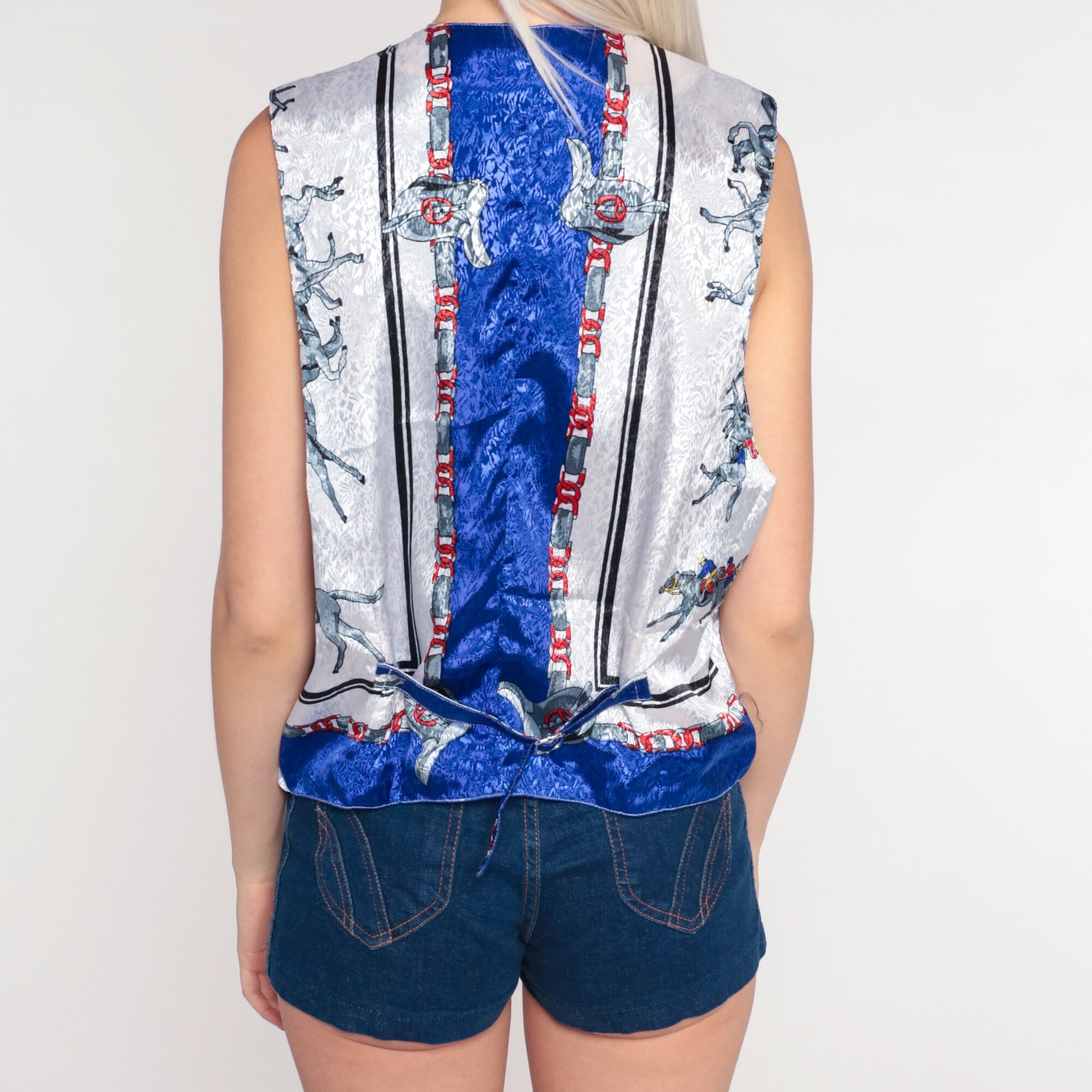 90s Baroque Horse Embossed Vest Equestrian Print Sleeveless White Medium Large