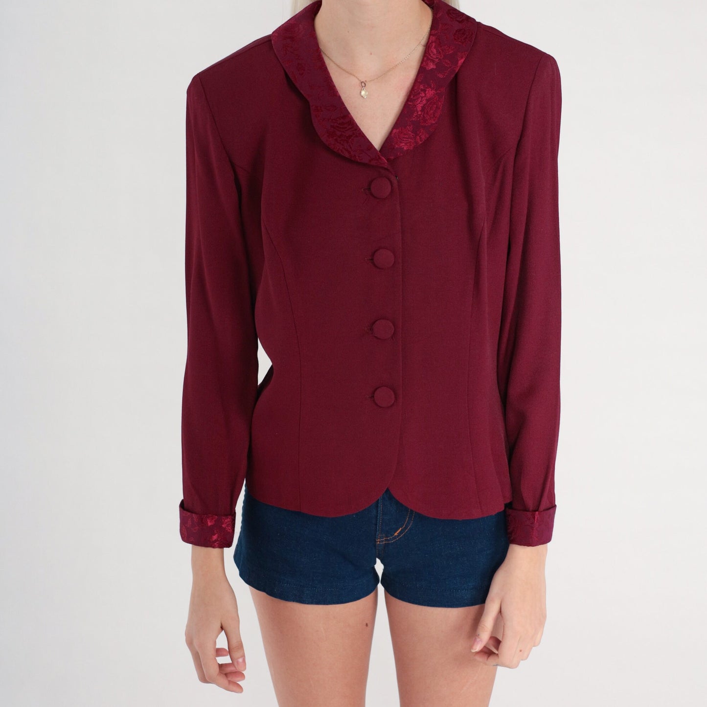 80s Dark Red Blazer Floral Embossed Button-Up Jacket Large 12