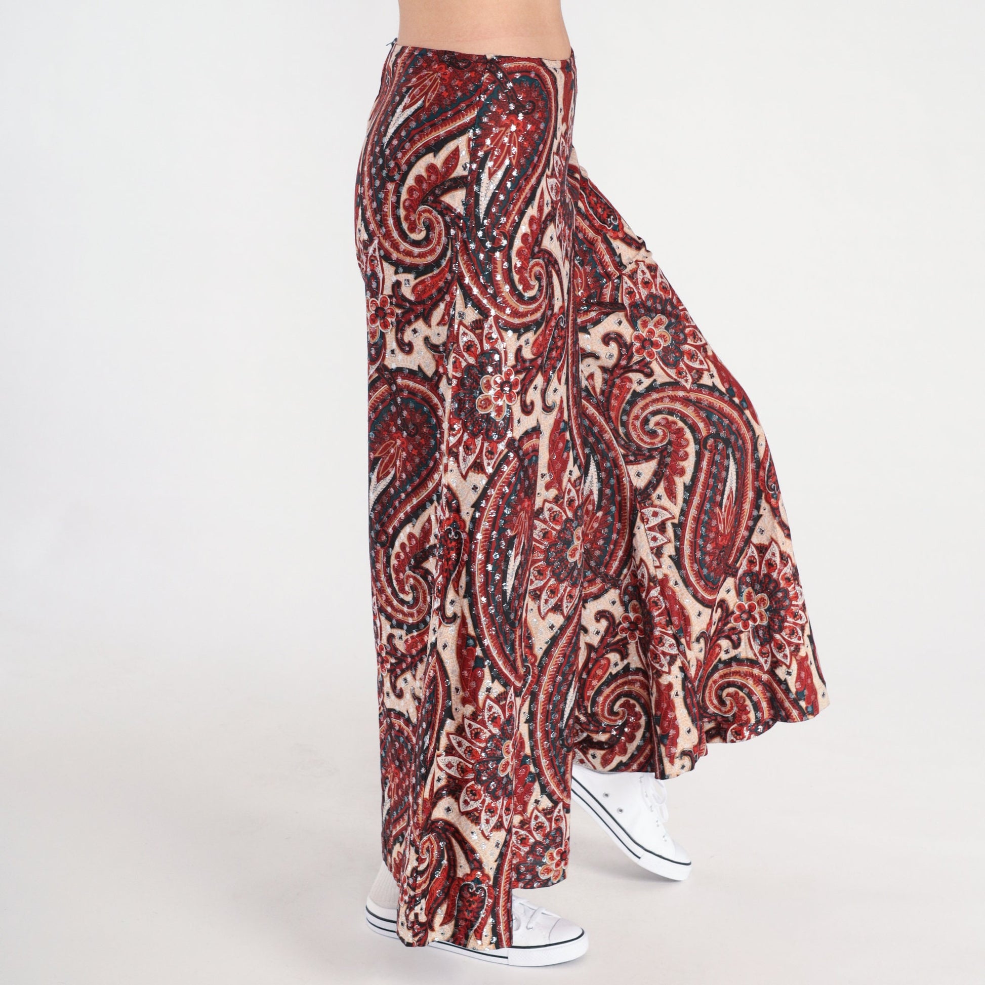 70s Paisley Metallic Bell Bottom Pants High Waisted Red Cream Small
