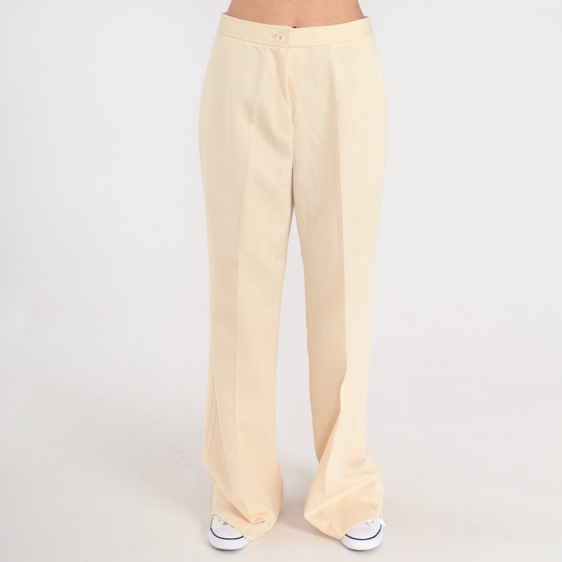 70s Pale Yellow Bell Bottom Pants High Waist Vintage Trousers Small