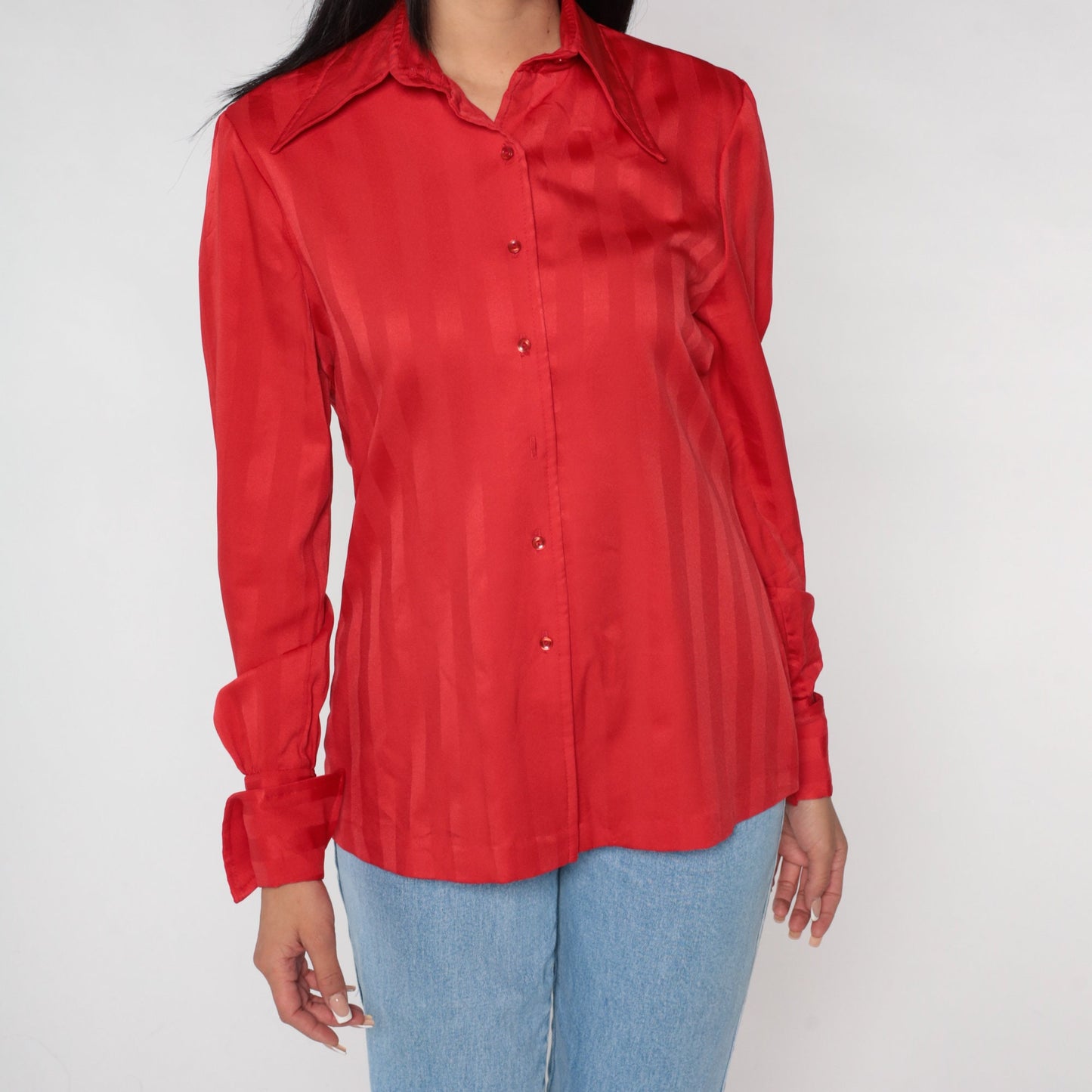 70s Red Striped Button-Up Blouse Dagger Collar Long Sleeve Medium