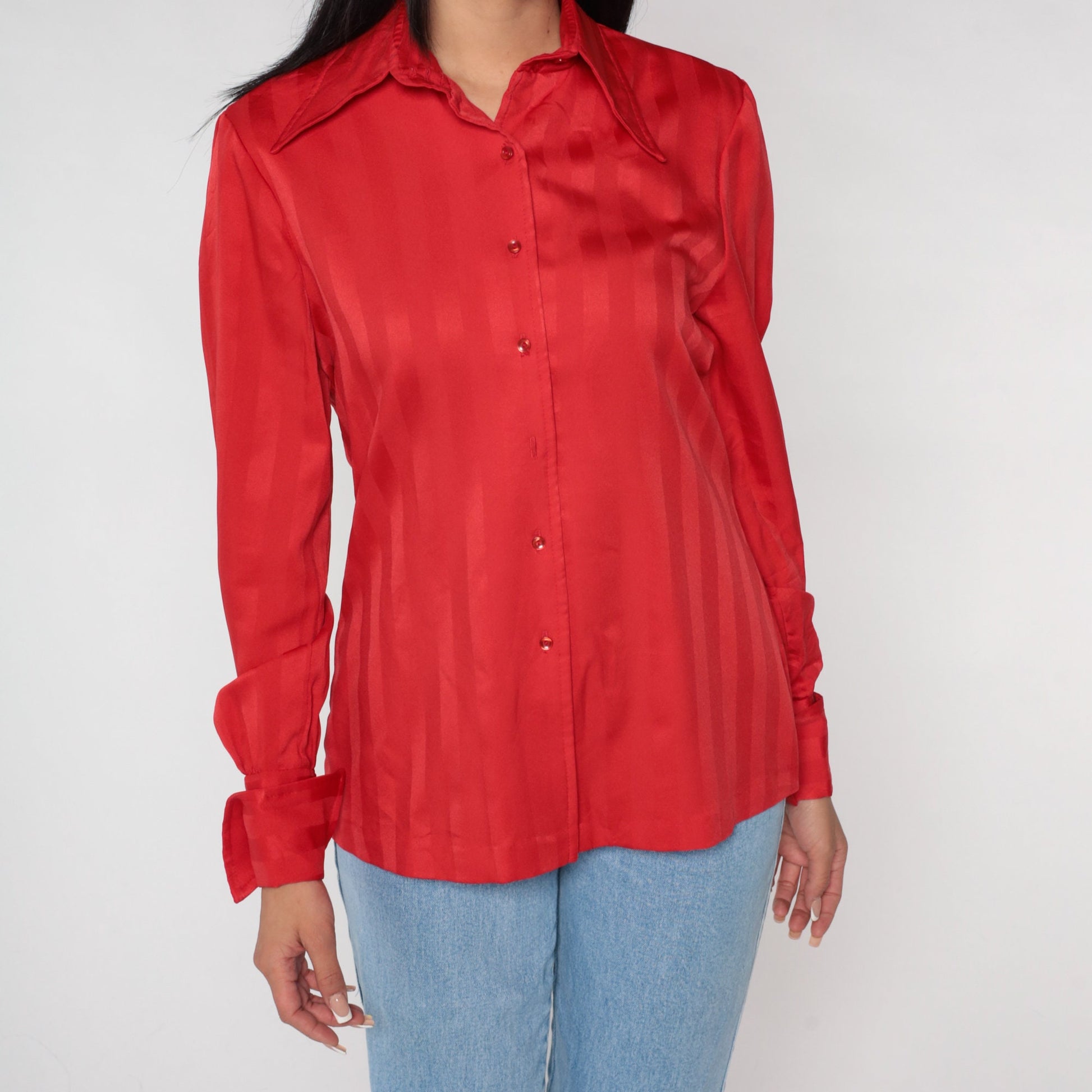 70s Red Striped Button-Up Blouse Dagger Collar Long Sleeve Medium