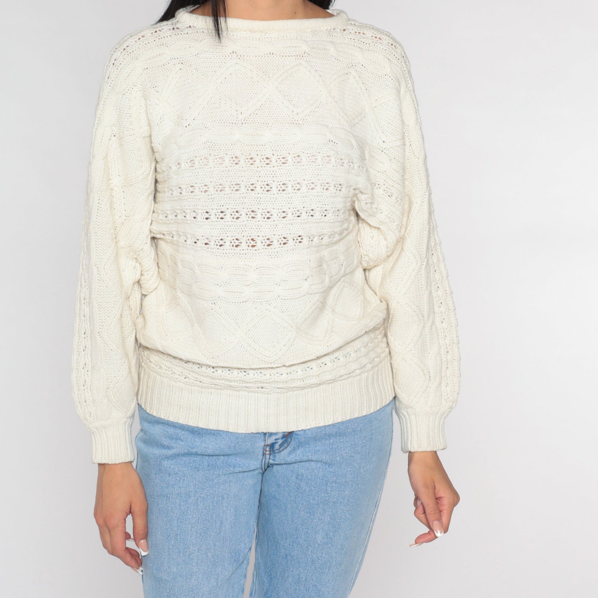 90s White Cable Knit Pointelle Pullover Sweater Small S