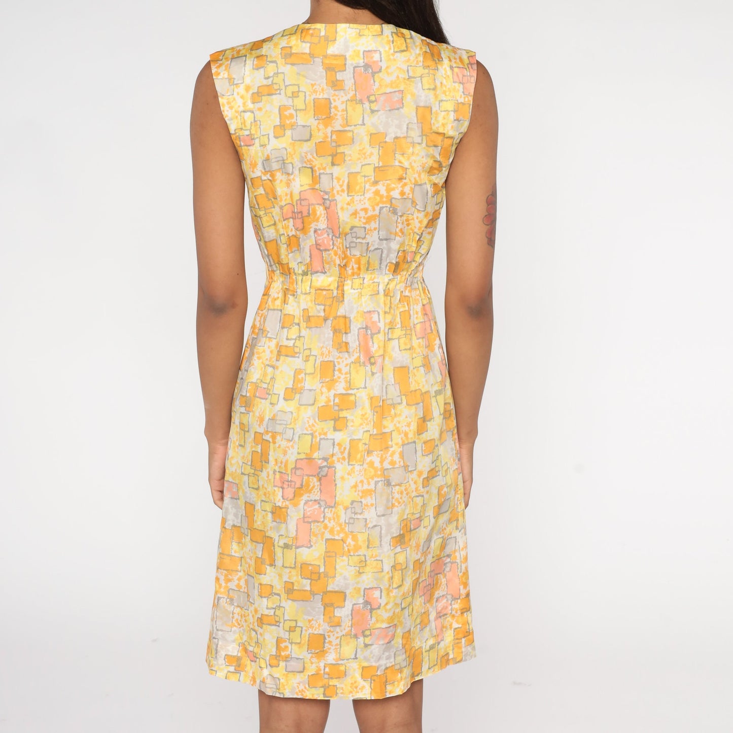 60s Geometric Print Button-Up Mini Dress Yellow Orange High Waist Extra Small