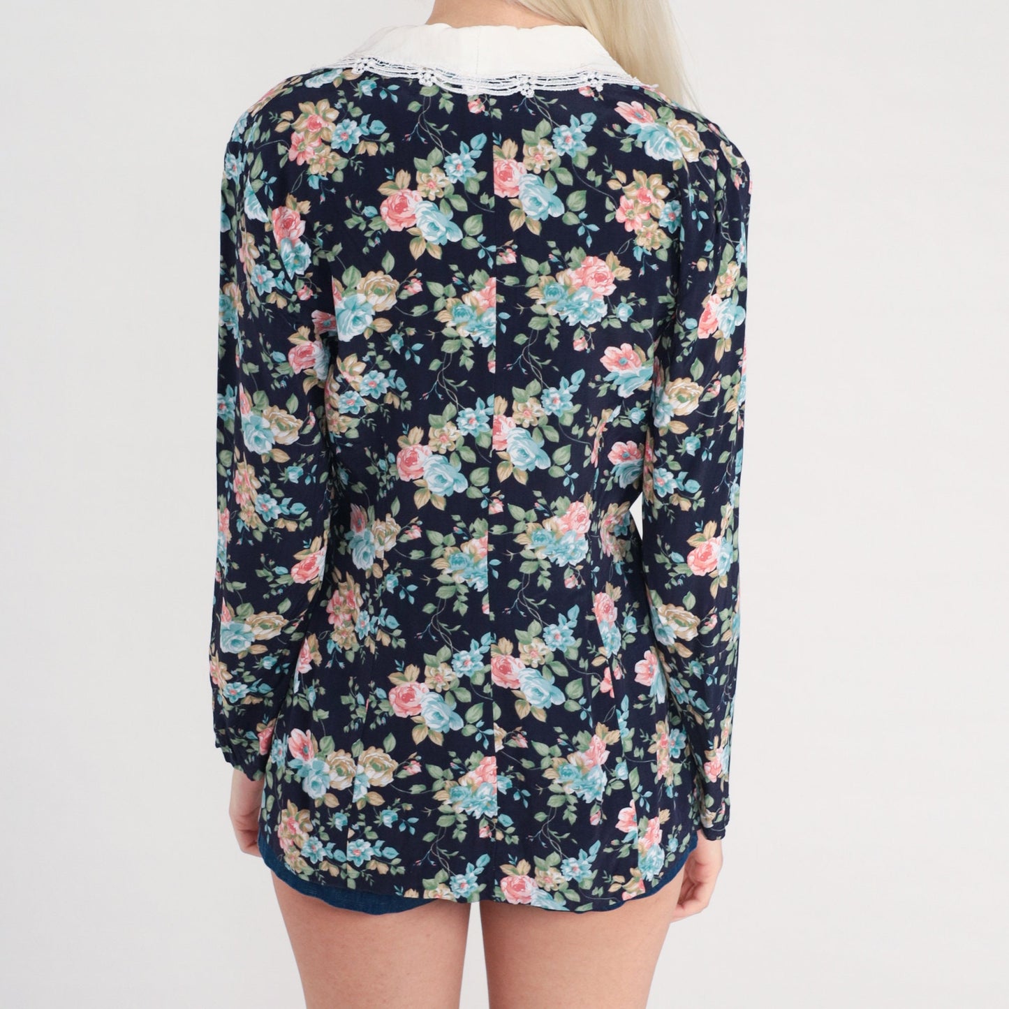 80s Floral Navy Button Up Blouse White Embroidered Collar Deep V Neck Small