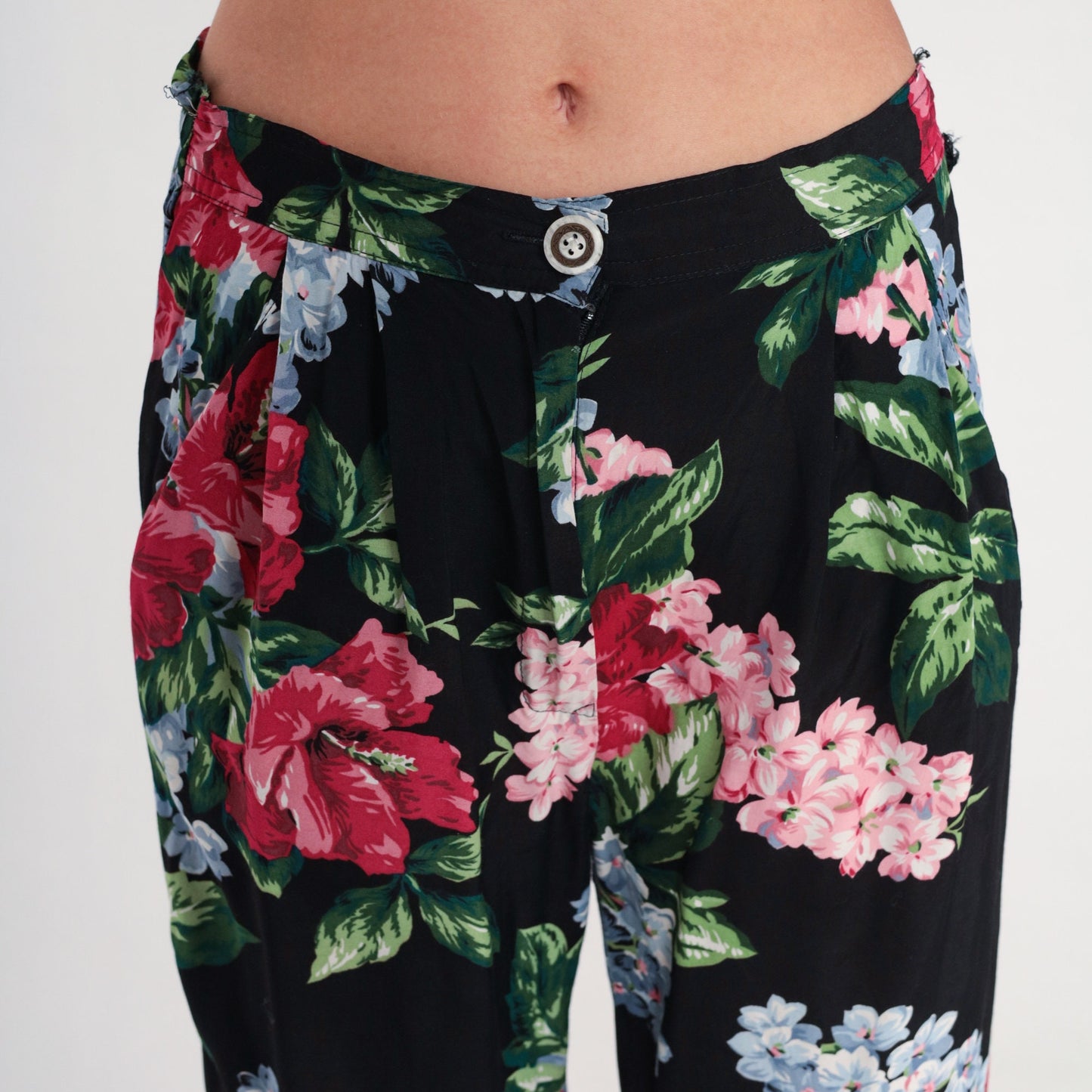 90s Floral Rayon Pants High Waist Pleated Tapered Black Print Small