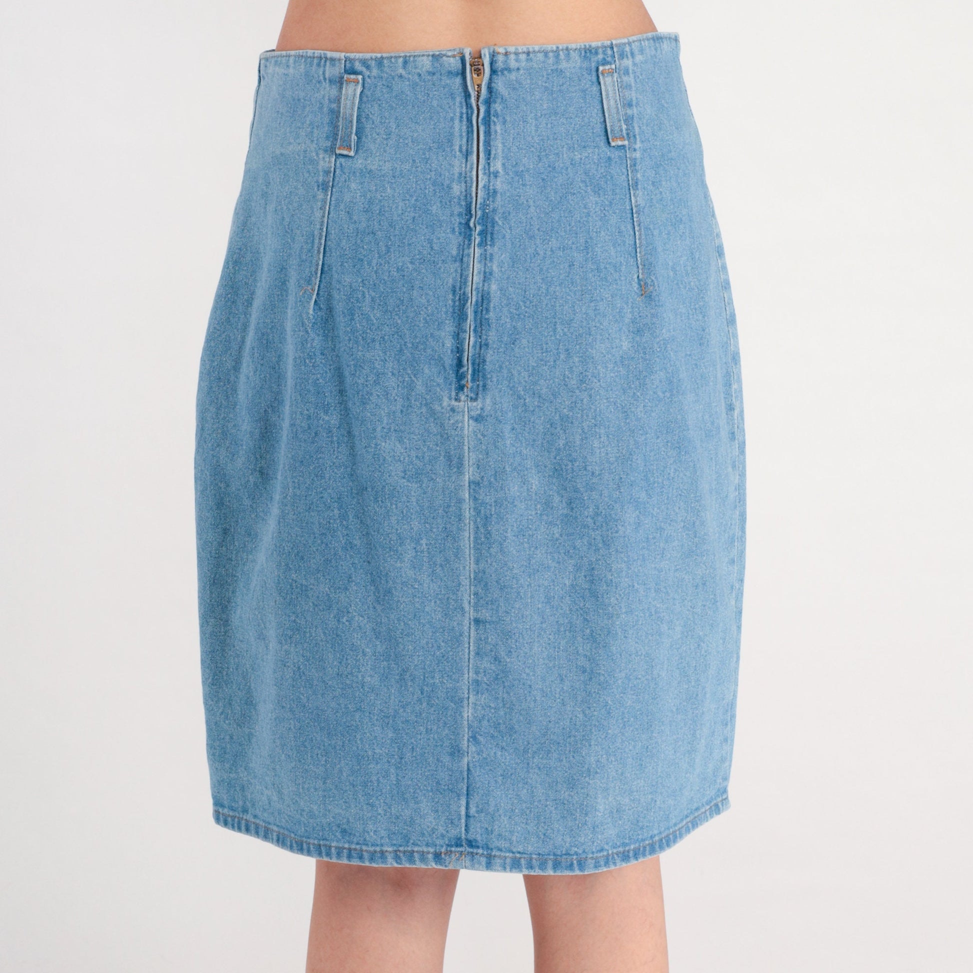 90s High Waisted Denim Pencil Skirt Blue Knee Length Cotton Medium