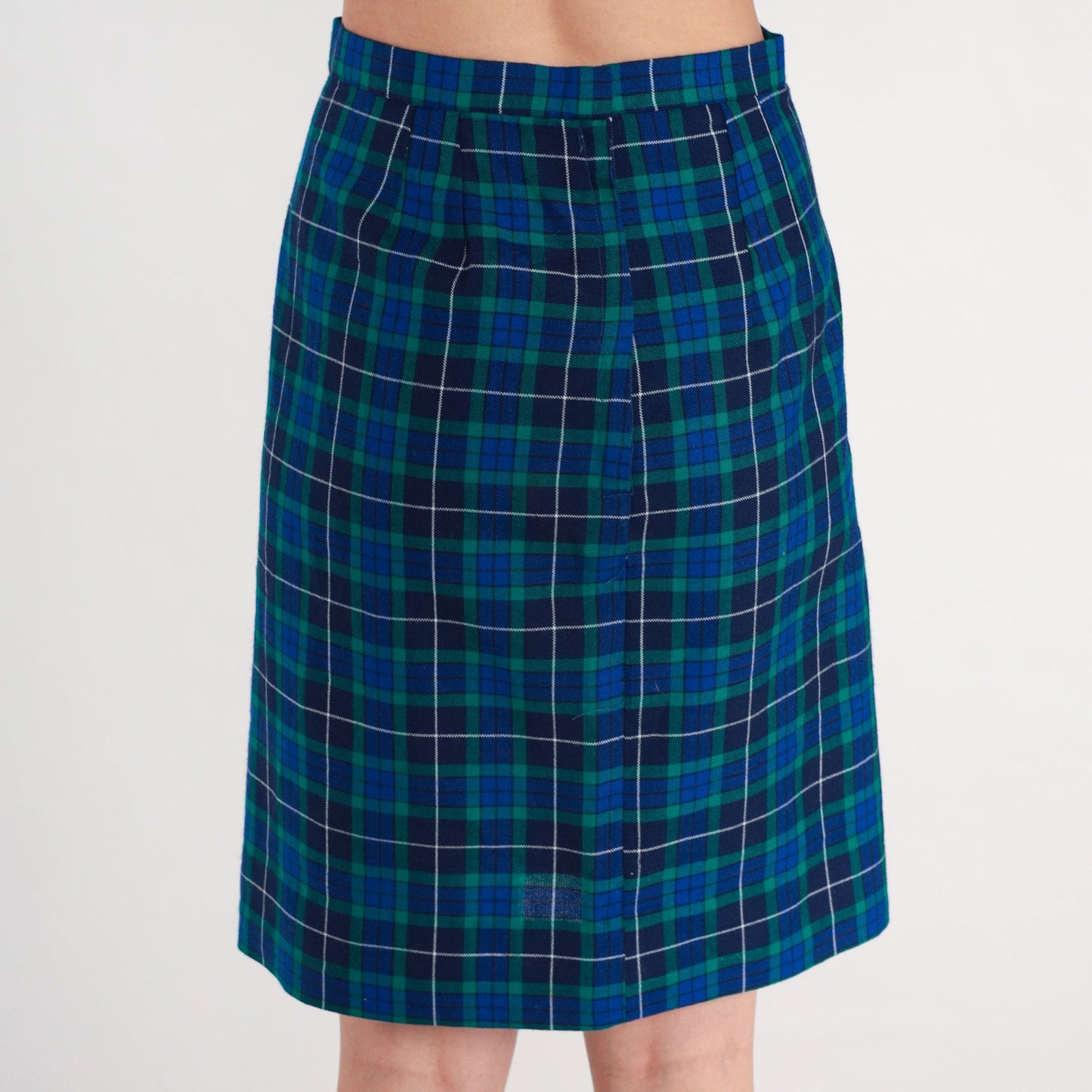 60s Navy Green Plaid Wool Skirt High Waisted Knee Length Small