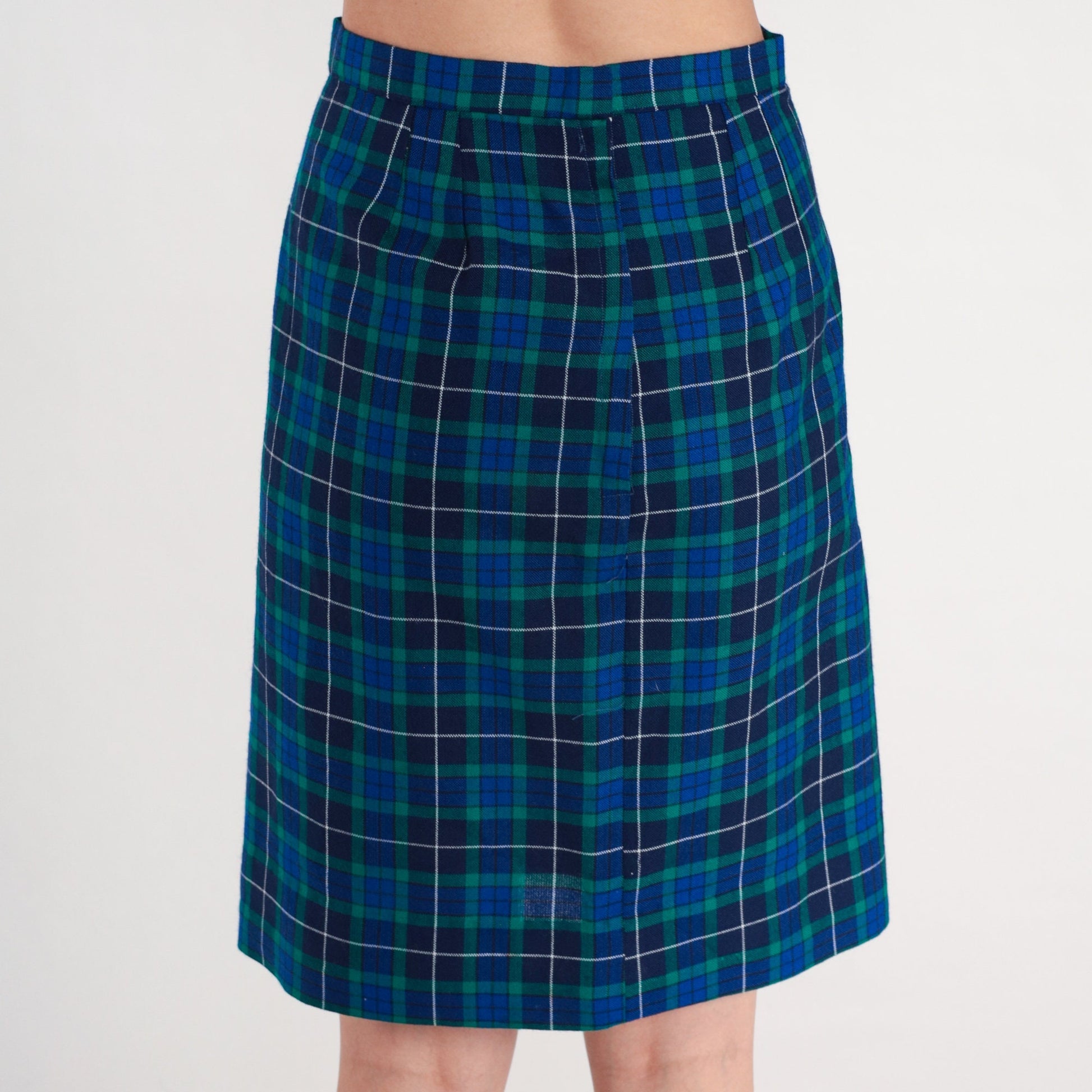 60s Navy Green Plaid Wool Skirt High Waisted Knee Length Small