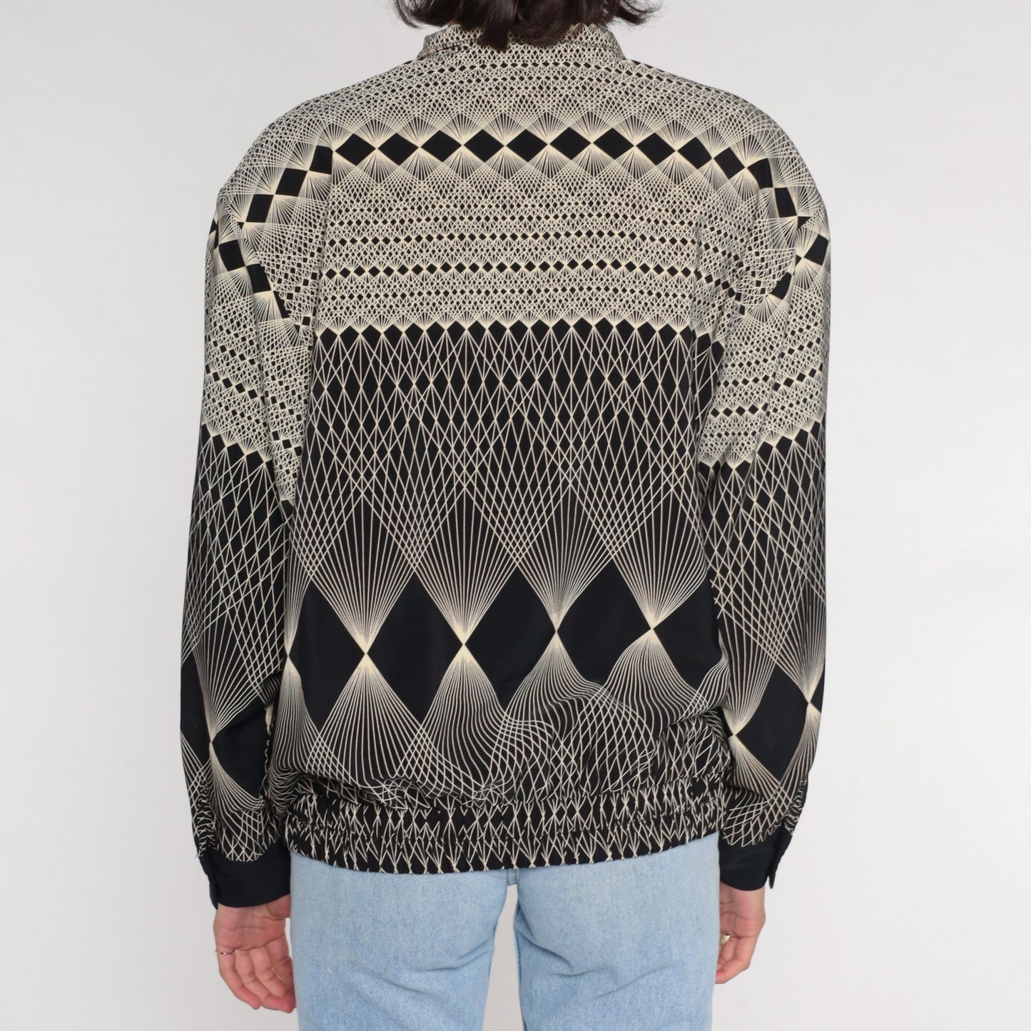 80s Op Art Bomber Jacket Black White Geometric Windbreaker Medium