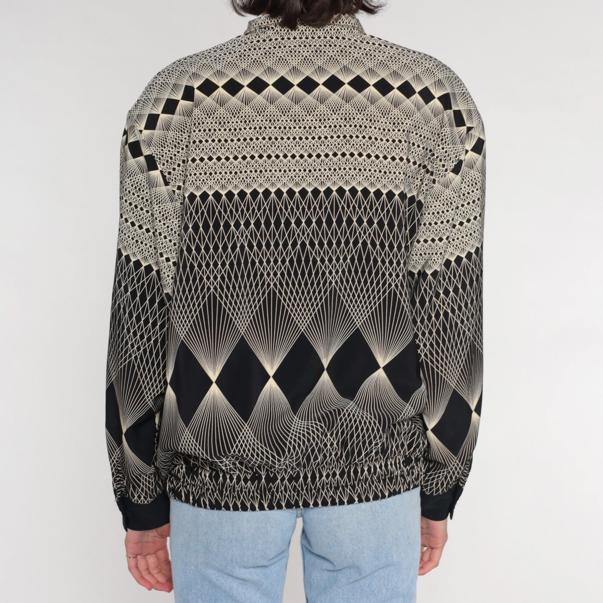 80s Op Art Bomber Jacket Black White Geometric Windbreaker Medium