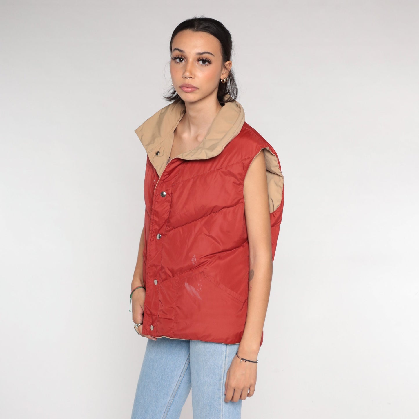 70s Reversible Puffer Vest Rust Brown Tan Down Nylon Snap Front Medium