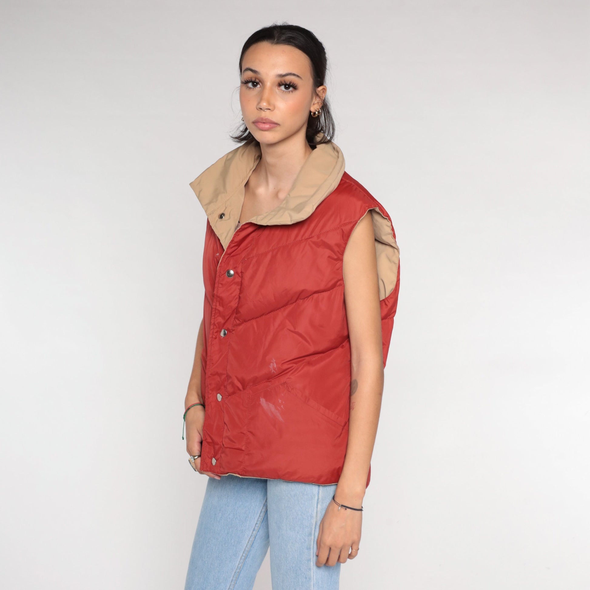 70s Reversible Puffer Vest Rust Brown Tan Down Nylon Snap Front Medium
