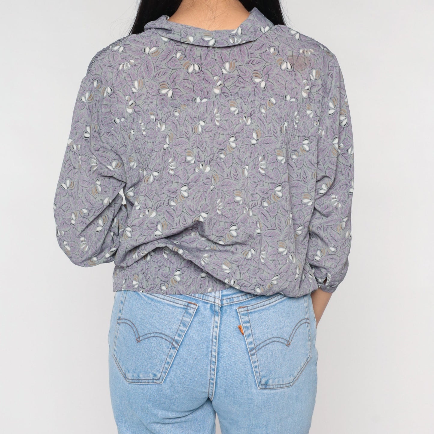 90s Leaf Floral Button-Up Blouse Purple Grey 3/4 Sleeve Pleated Shirt Large L