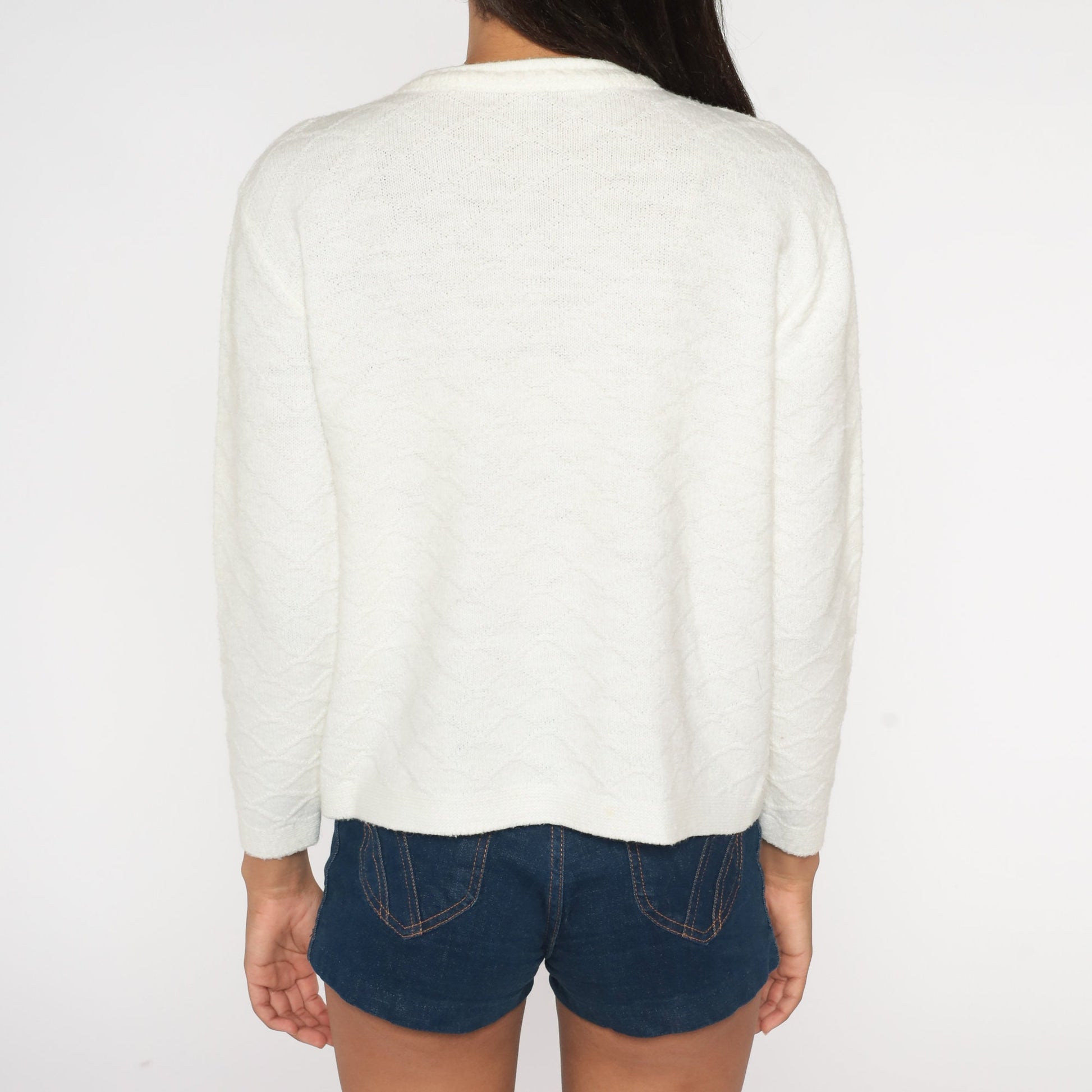 70s Pointelle Cardigan White Open Weave Button-Up Sweater Small S
