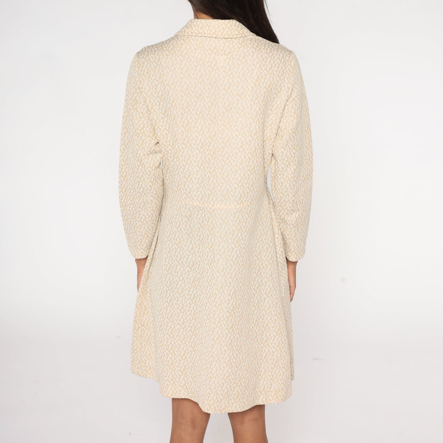 1970s Abstract Leaf Print Jacket Beige Rhinestone Button Long Medium
