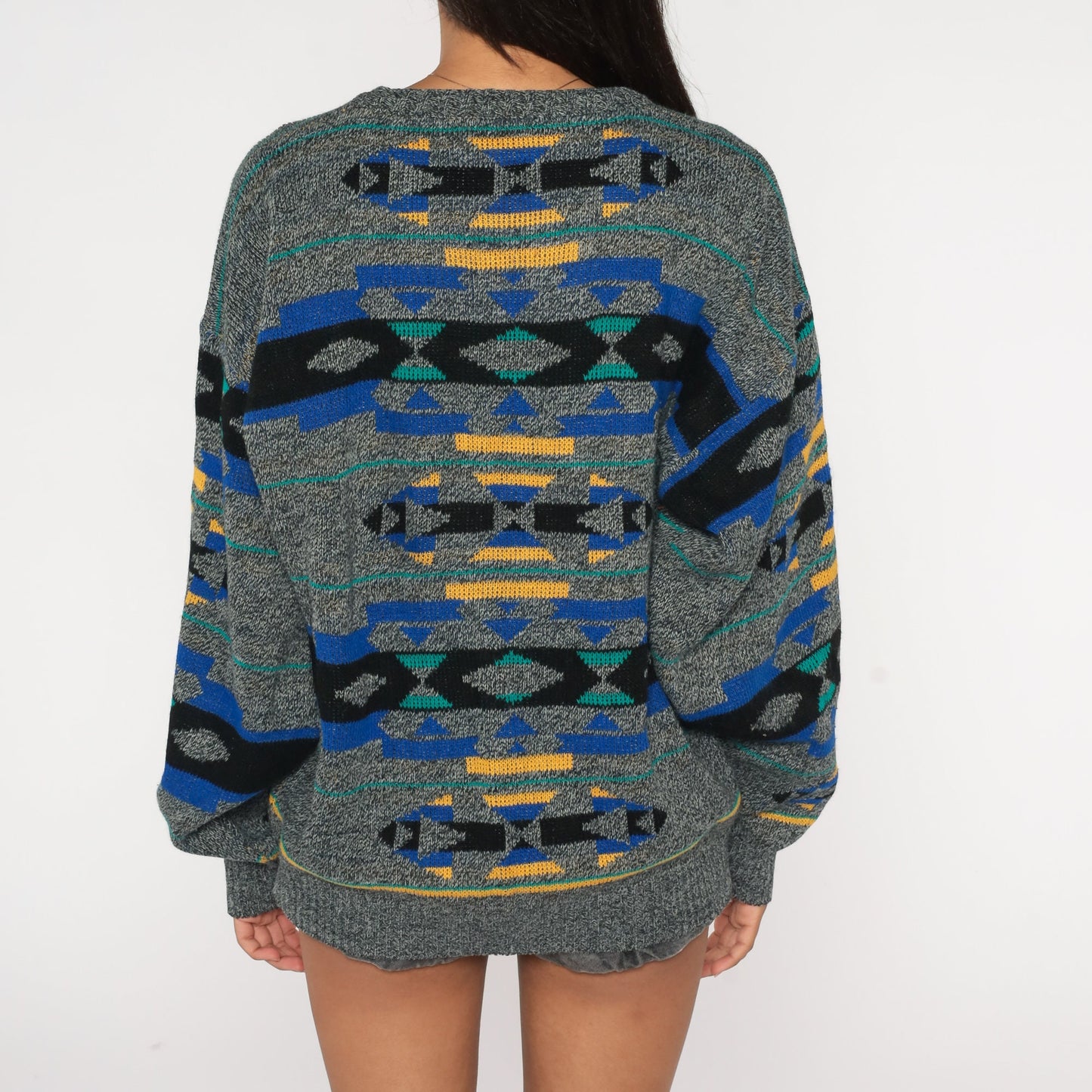 90s Southwestern Geometric Knit Sweater Grey Crewneck Pullover Extra Large