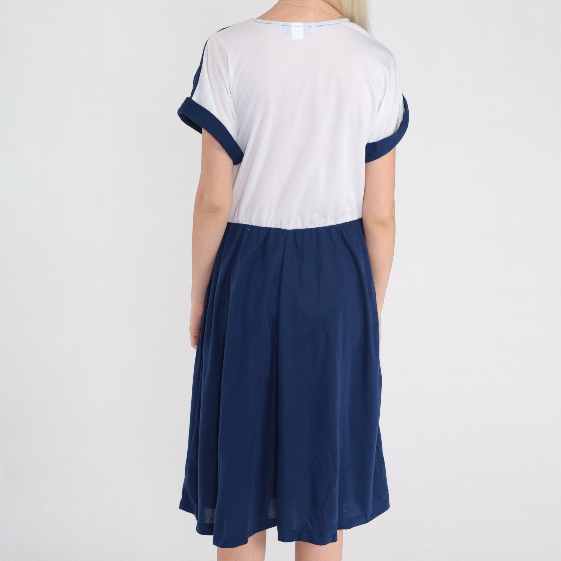 80s Nautical Anchor Button Midi Dress Navy White Color Block Medium Large