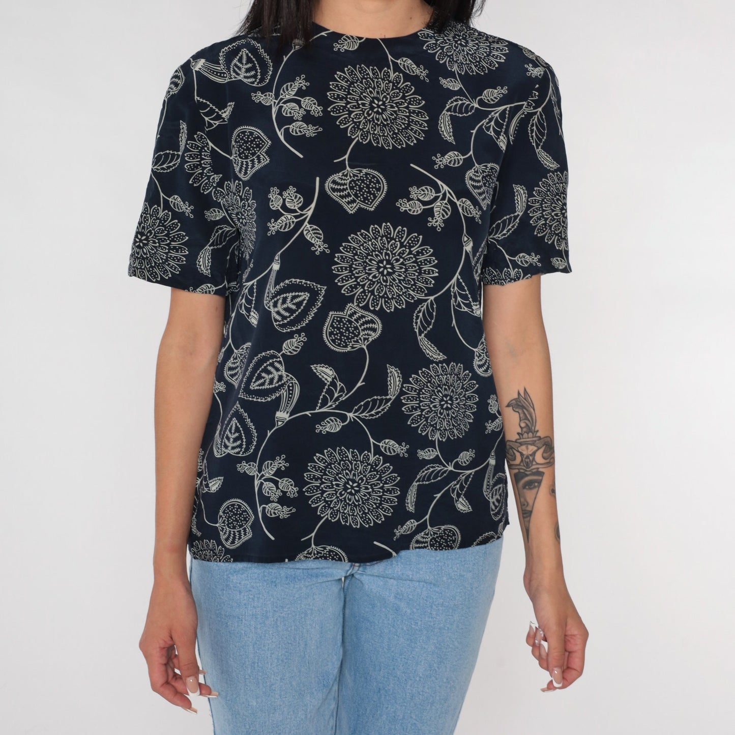 Y2K Navy Silk Blouse Floral Print Short Sleeve Button Back Small