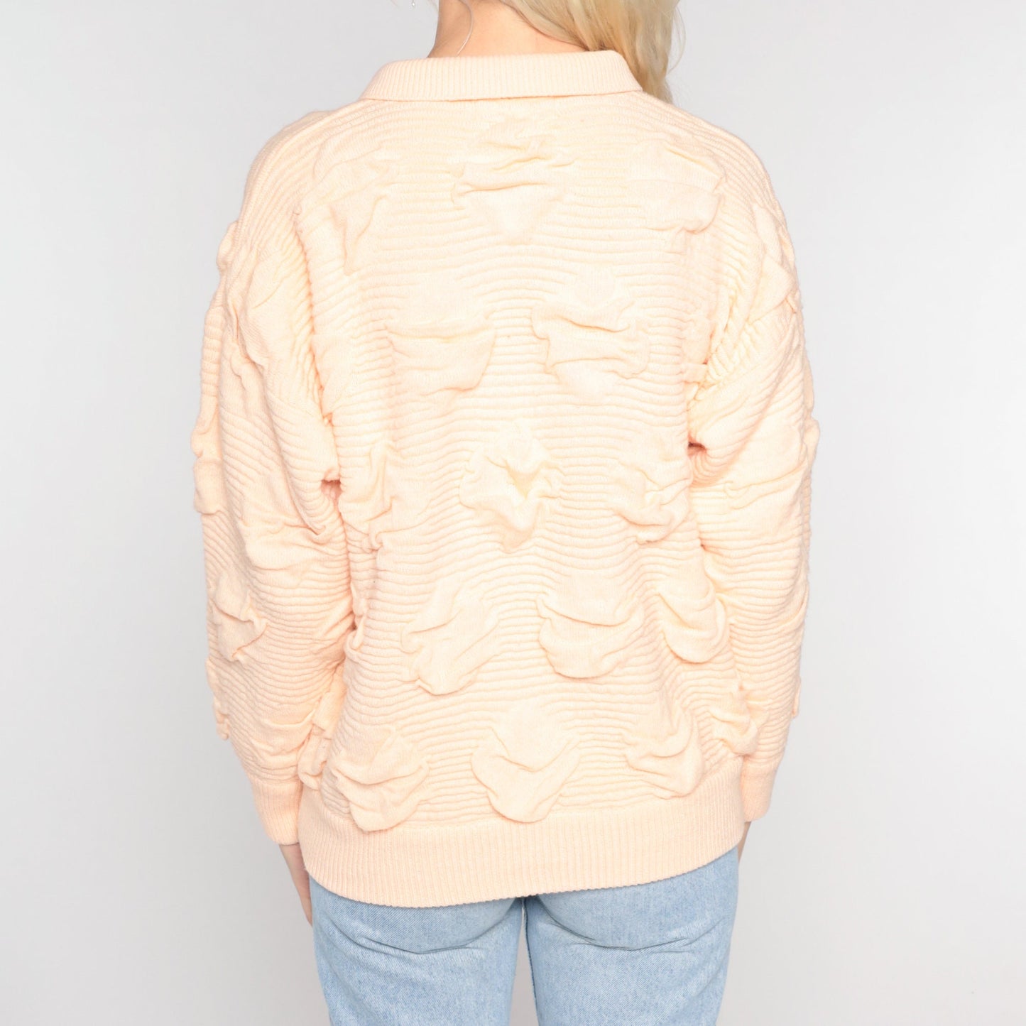 80s Peach Textured Knit Polo Sweater Collared Button-Up Medium