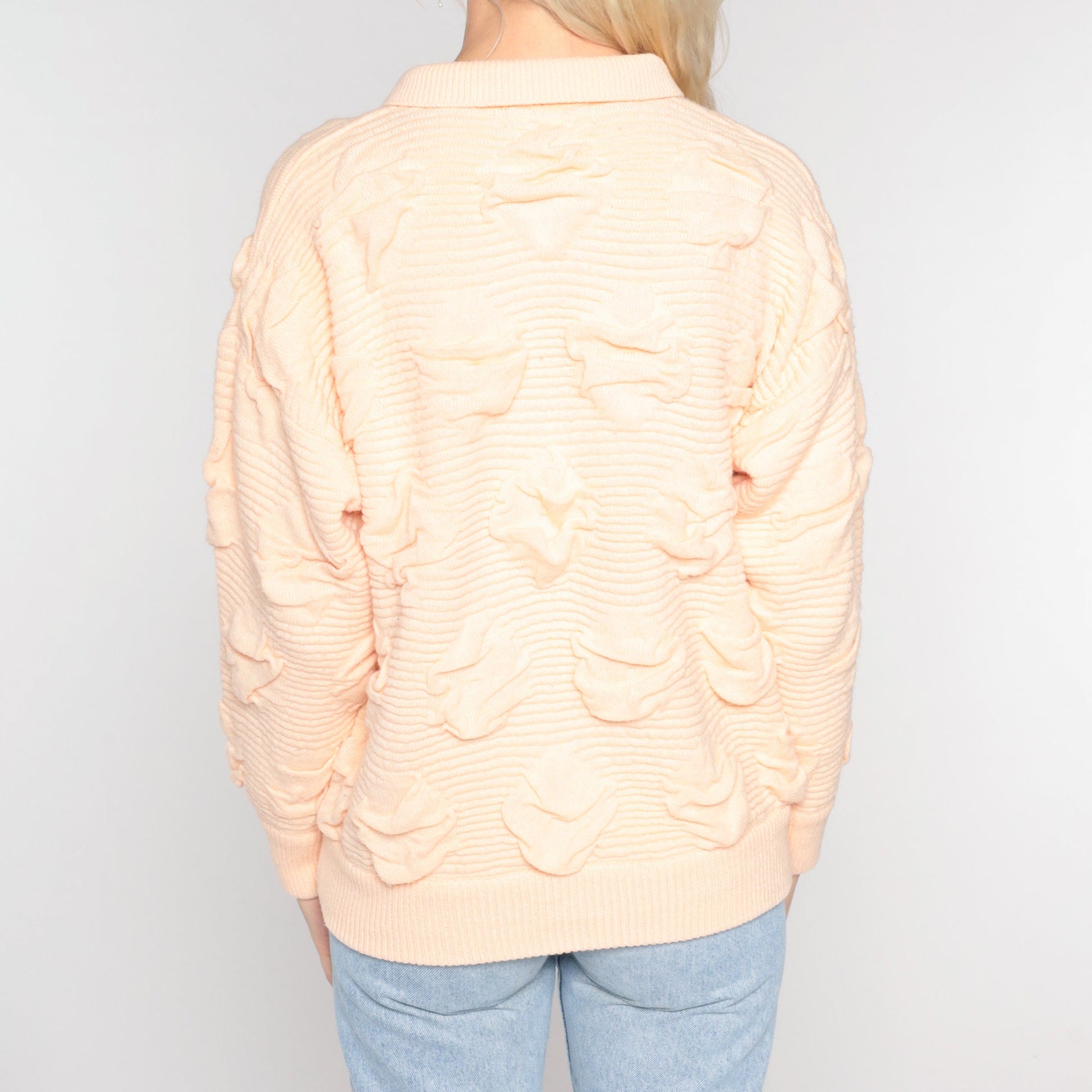 80s Peach Textured Knit Polo Sweater Collared Button-Up Medium