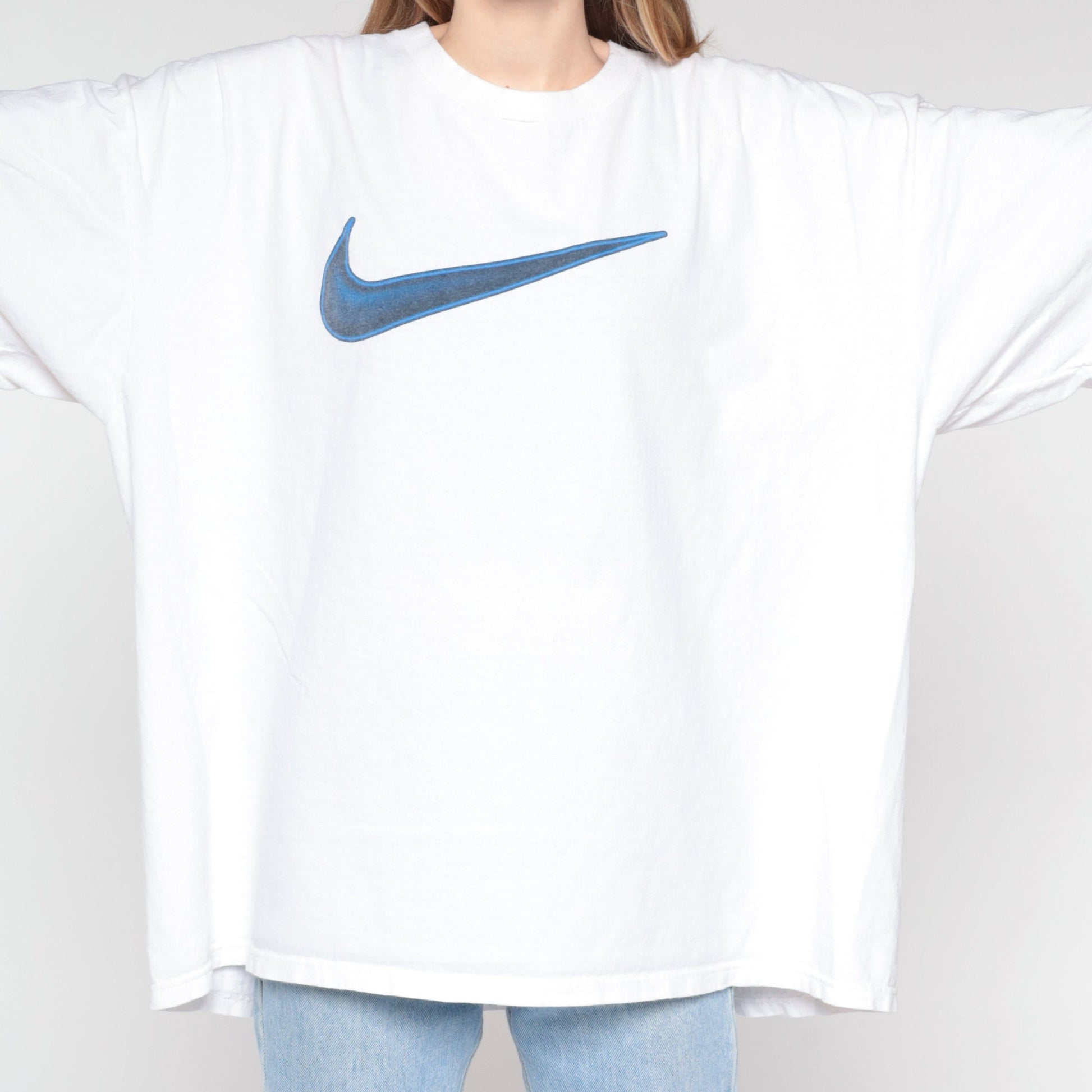 Y2K Nike Swoosh T-Shirt White Navy Graphic Tee 00s Cotton Crewneck Extra Extra Large XXL