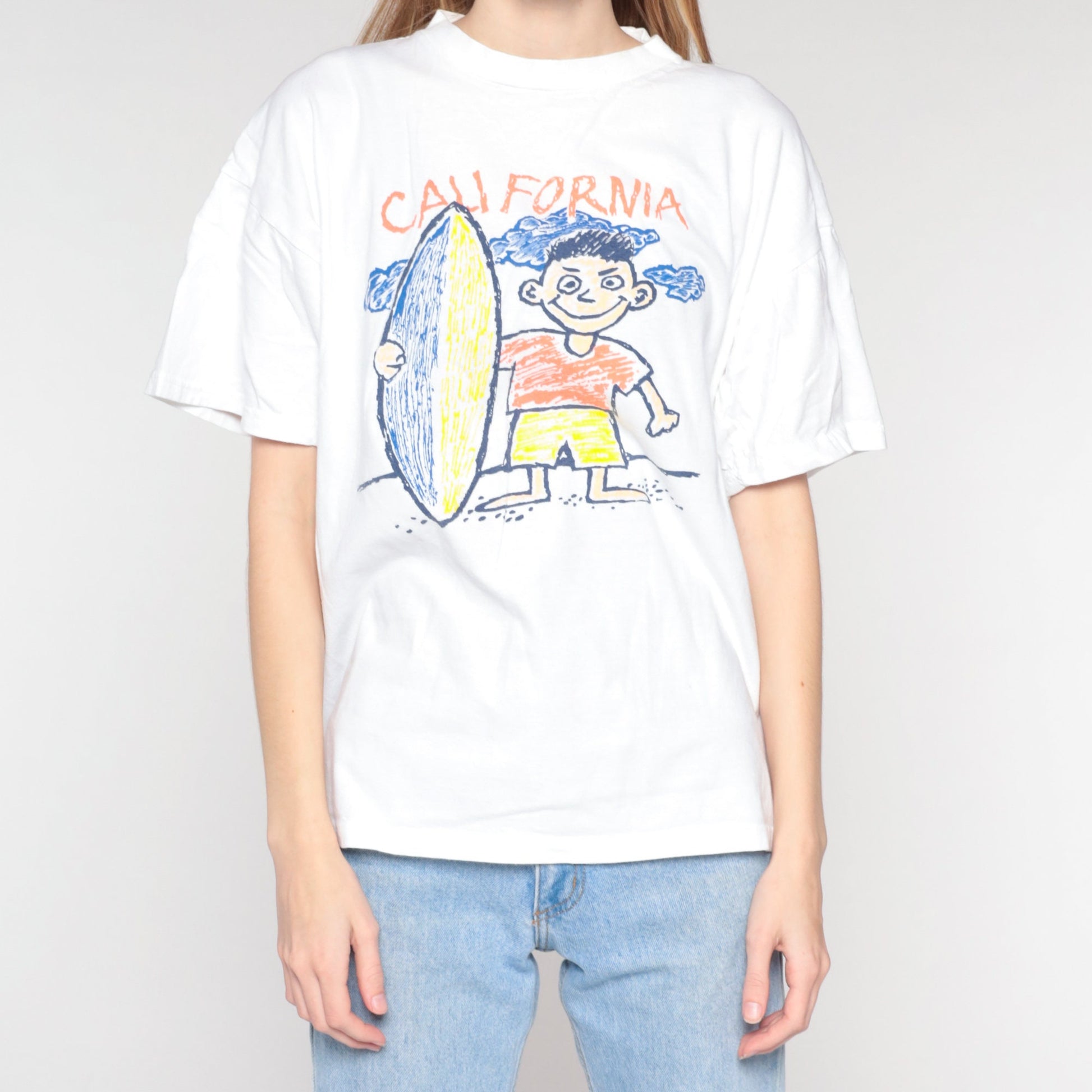 90s California Surfer Boy Graphic T-Shirt White Cotton Extra Large XL