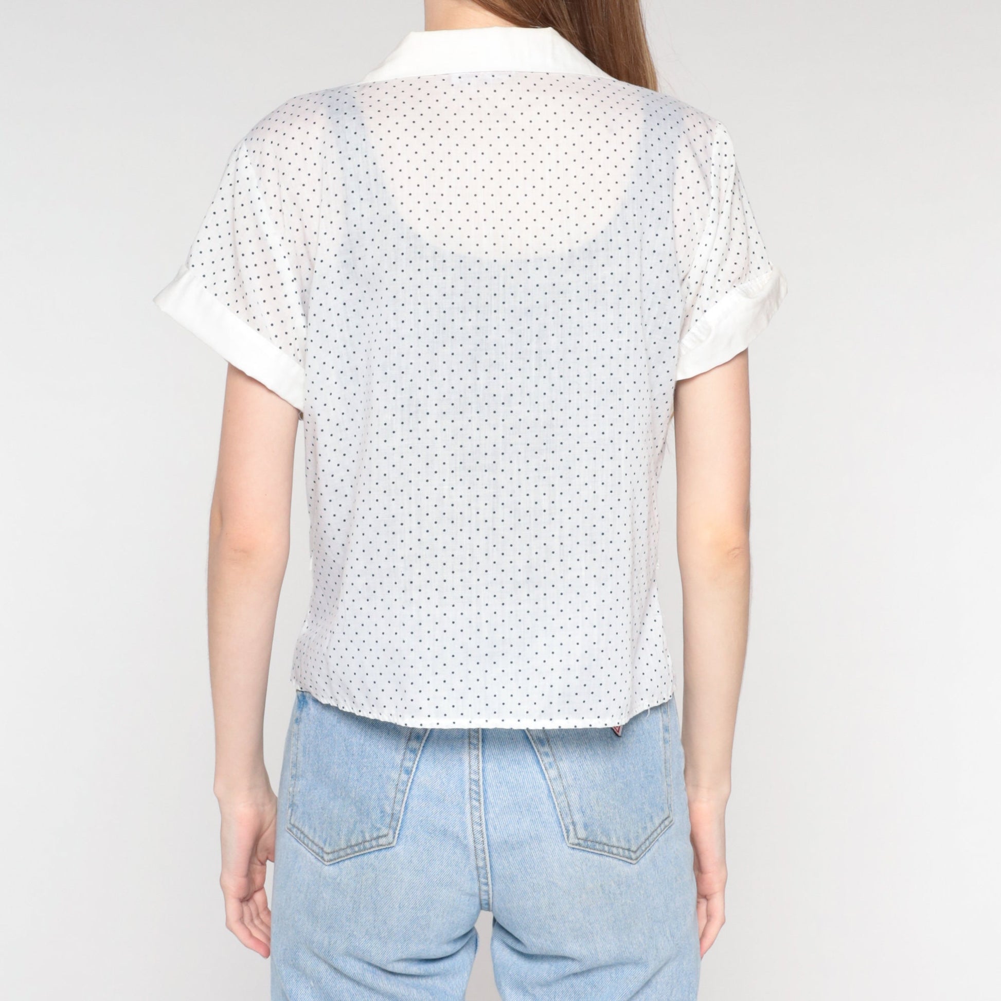 70s Polka Dot Button-Up Blouse White Black Collared Short Sleeve Large