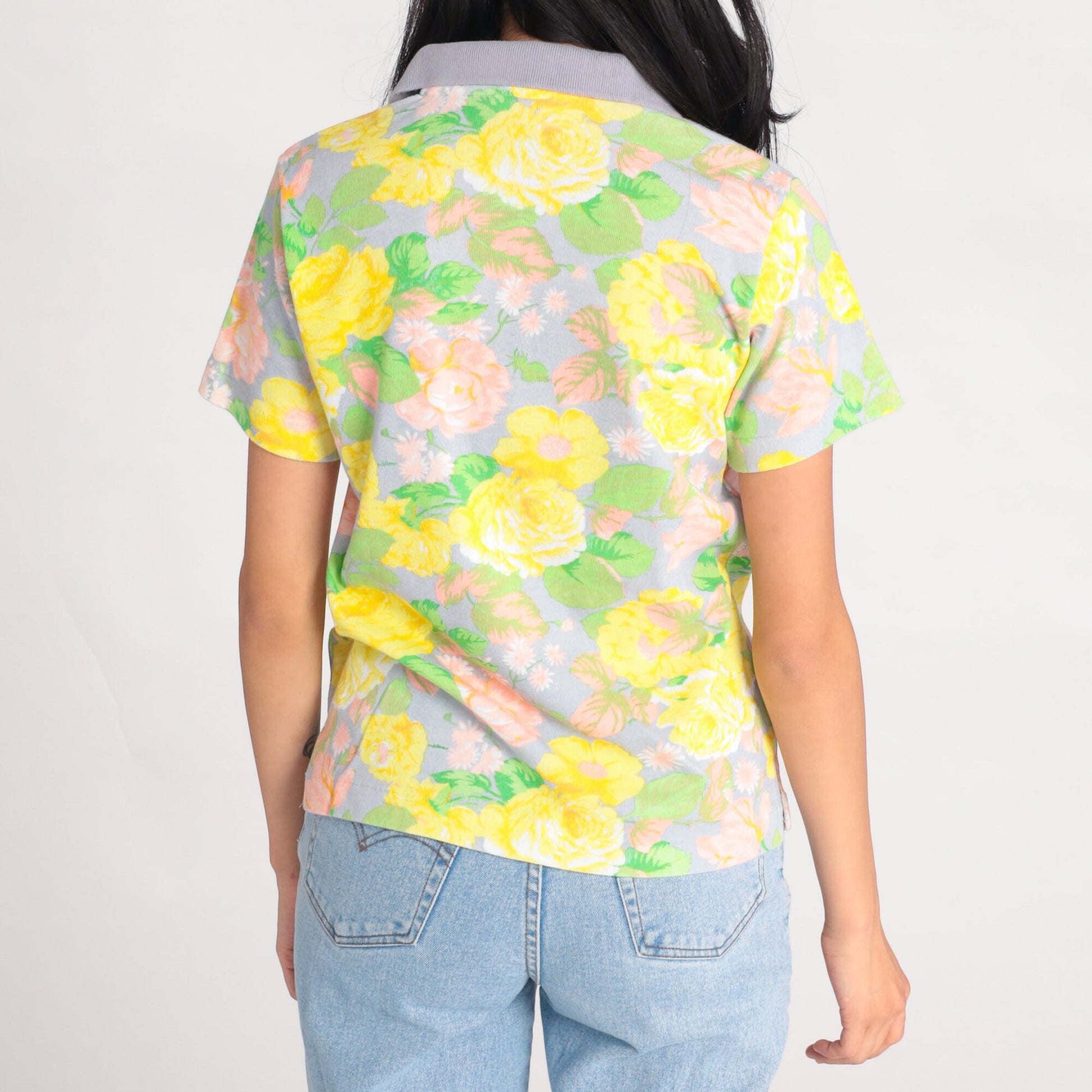 90s Floral Polo Shirt Yellow Flower Print Cotton Collared Small