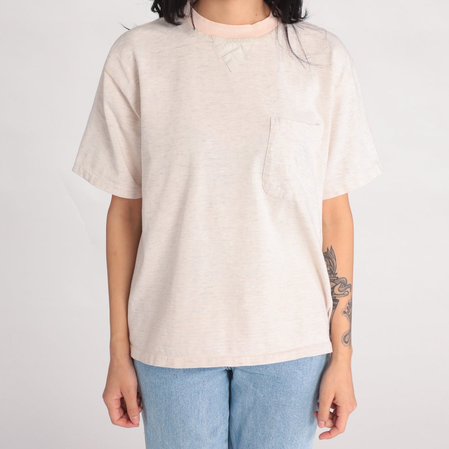 90s Fruit of the Loom Heathered Grey Pocket Tee Embroidered Crest Medium