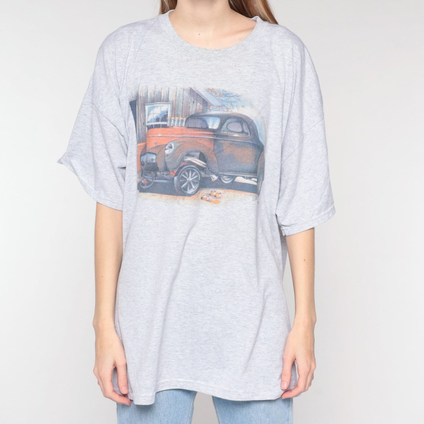 90s Jerzees Classic Car Graphic Tee Heather Grey Single Stitch Extra Extra Large XXL