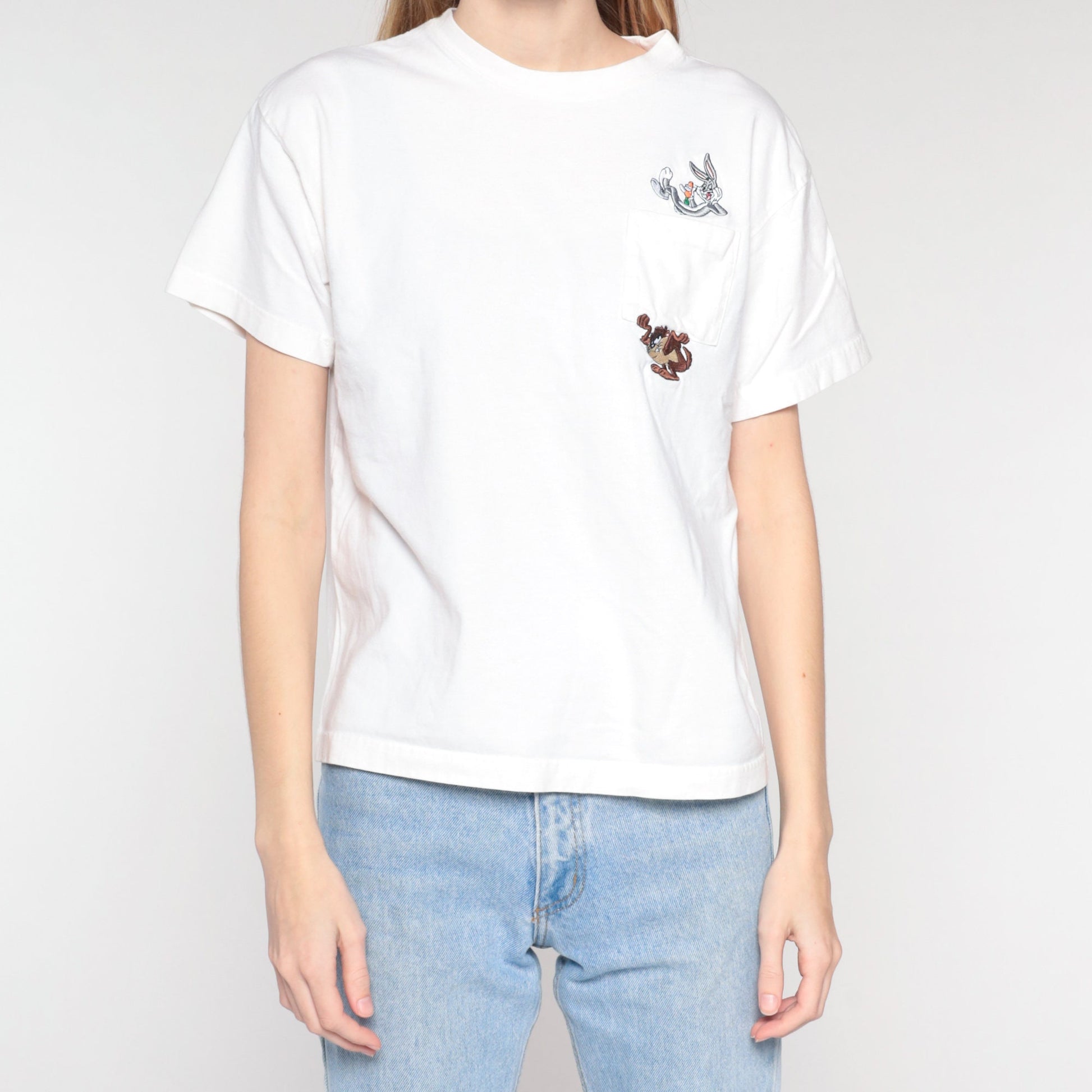 00s Warner Bros Looney Tunes Embroidered Pocket Tee White Medium M