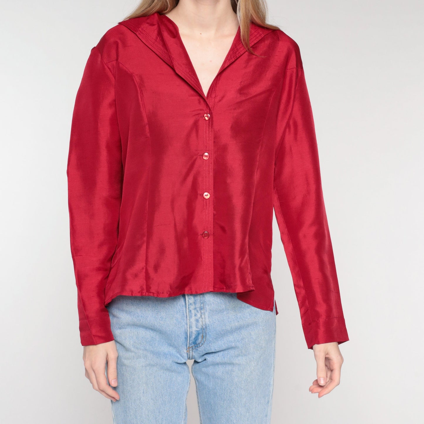 00s Red Silk Button-Up Blouse Long Sleeve Shirt Extra Large XL