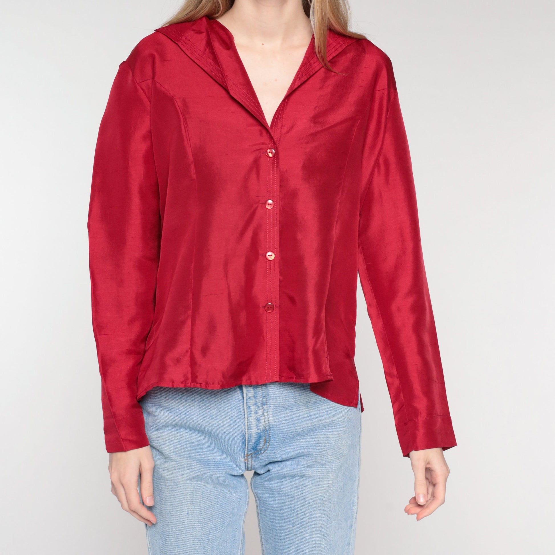 00s Red Silk Button-Up Blouse Long Sleeve Shirt Extra Large XL