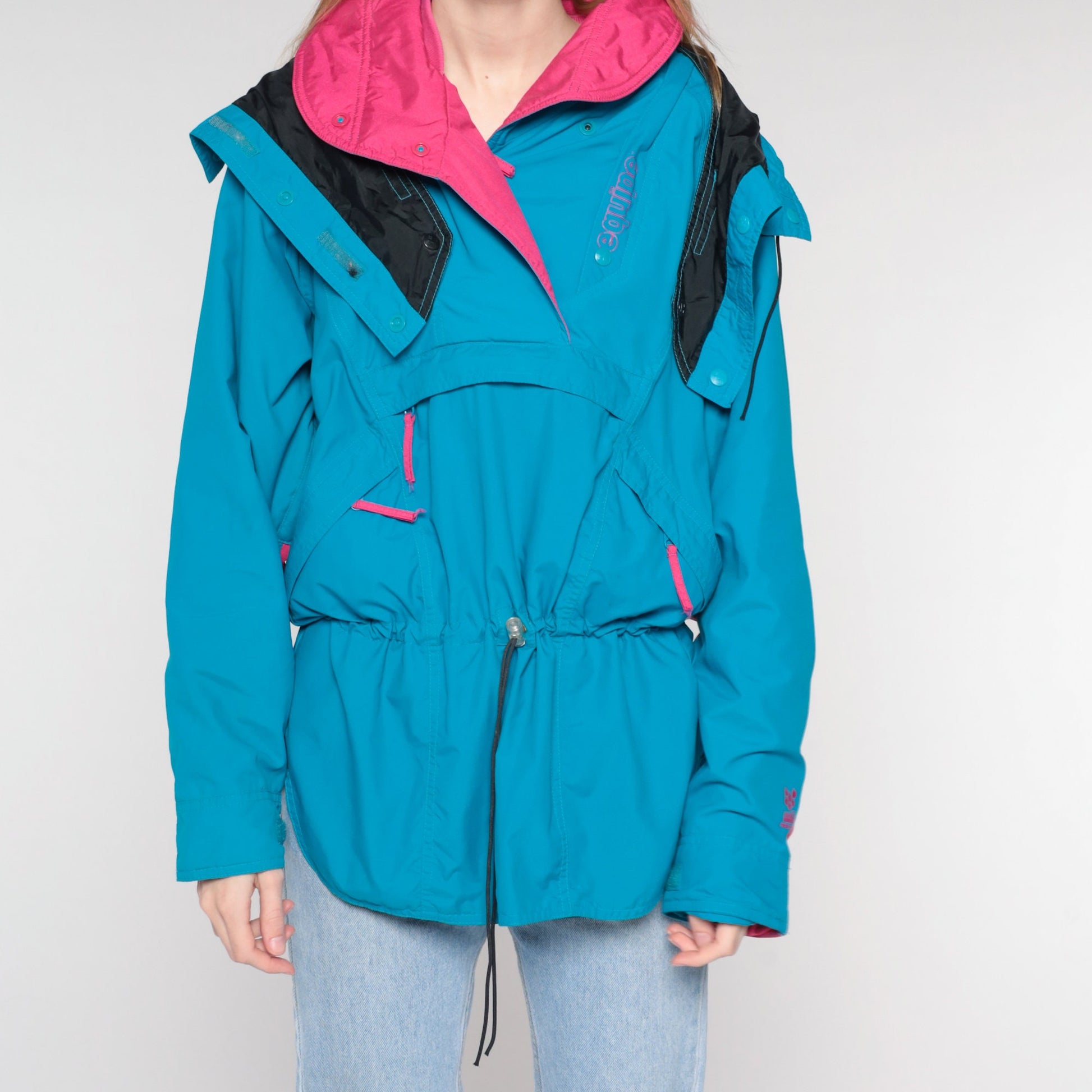 80s Blue Pink Hooded Ski Jacket Pullover Windbreaker Nylon Medium M