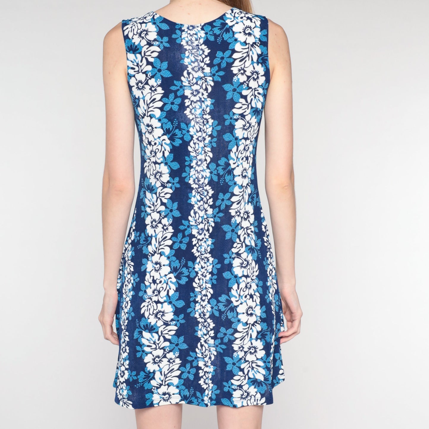 90s Blue Hawaiian Floral Mini Dress Sleeveless Shift Sundress Small