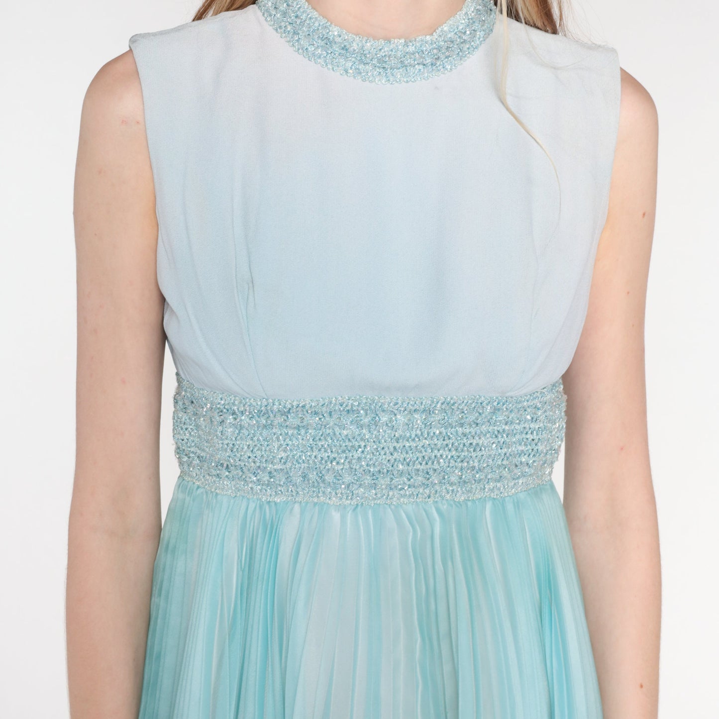 60s Blue Sparkly Empire Waist Mini Dress Sleeveless Pleated Cocktail Extra Small