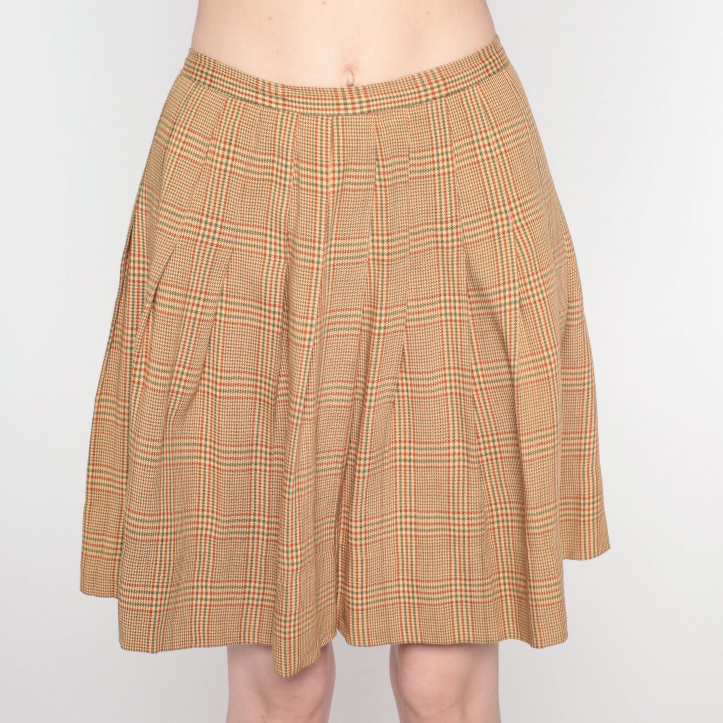 70s Plaid Mini Skirt High Waist Pleated Tan Orange Green Tartan Extra Small