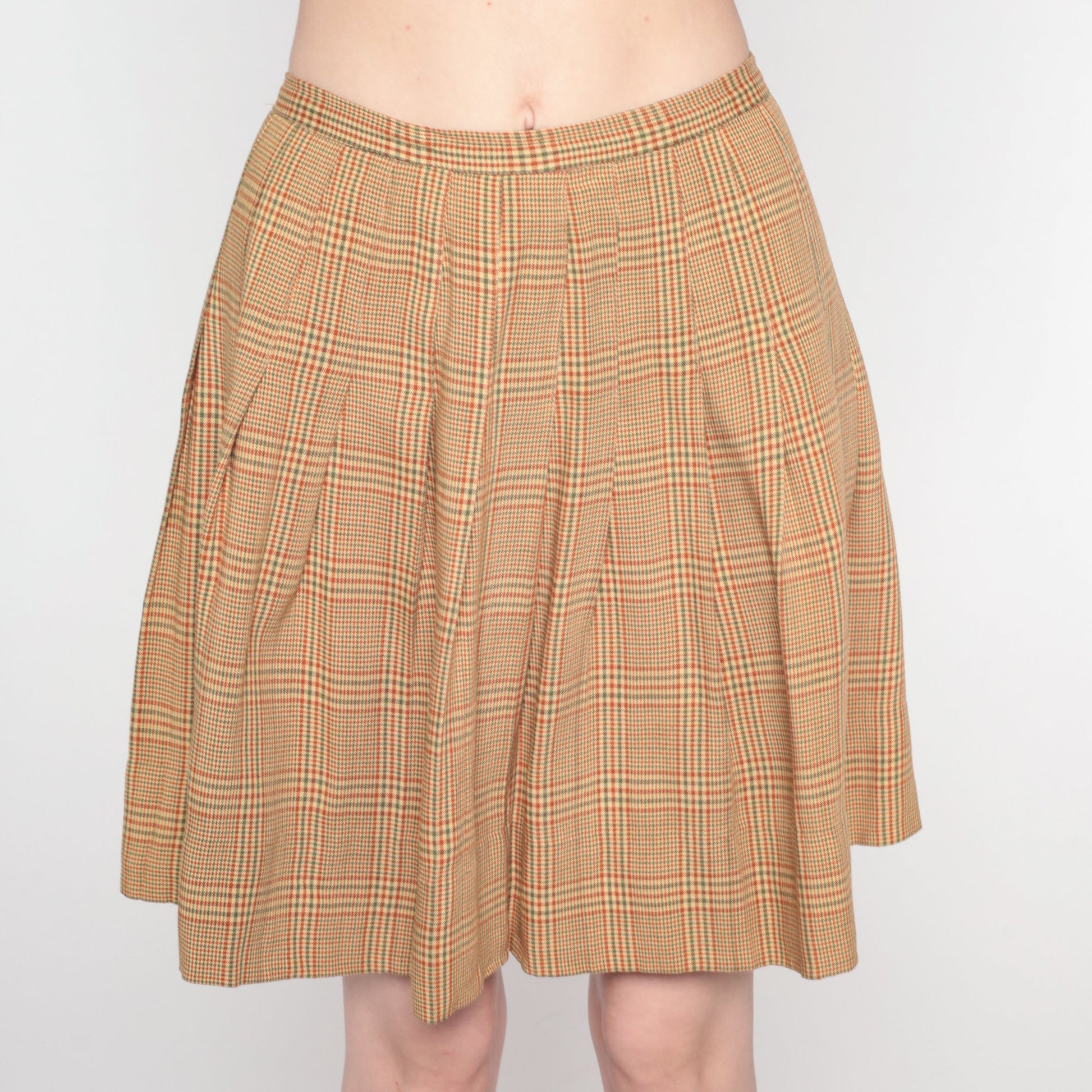 70s Plaid Mini Skirt High Waist Pleated Tan Orange Green Tartan Extra Small
