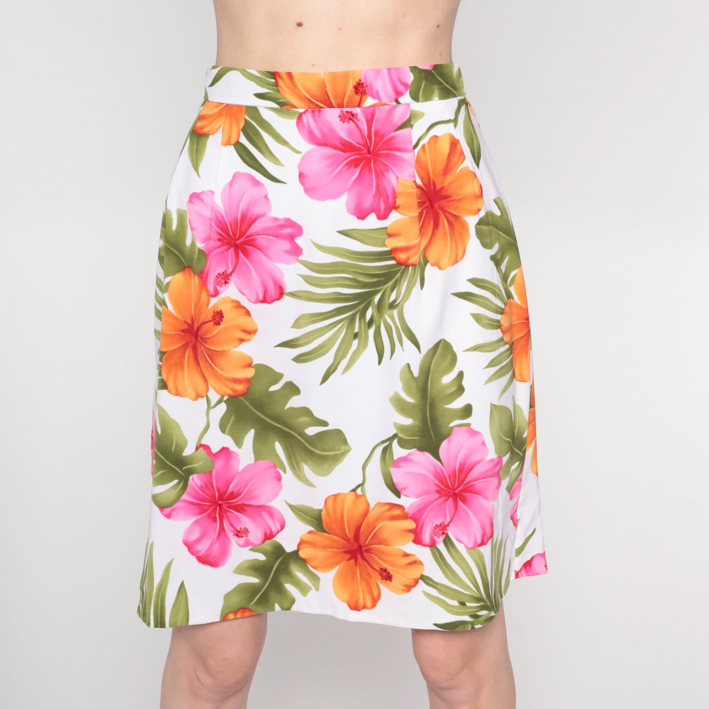 90s Tropical Floral White Mini Pencil Skirt High Waisted Small 6