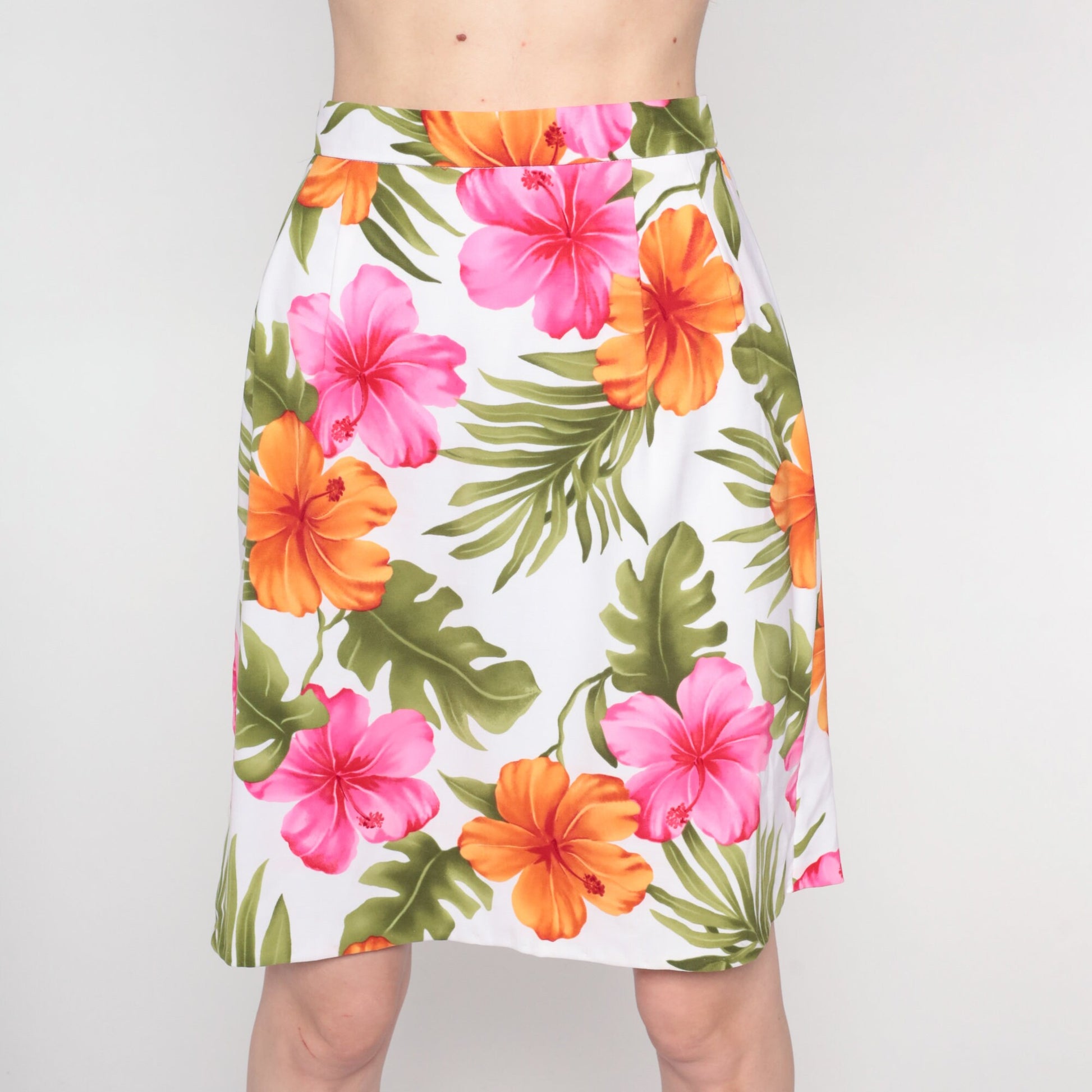 90s Tropical Floral White Mini Pencil Skirt High Waisted Small 6