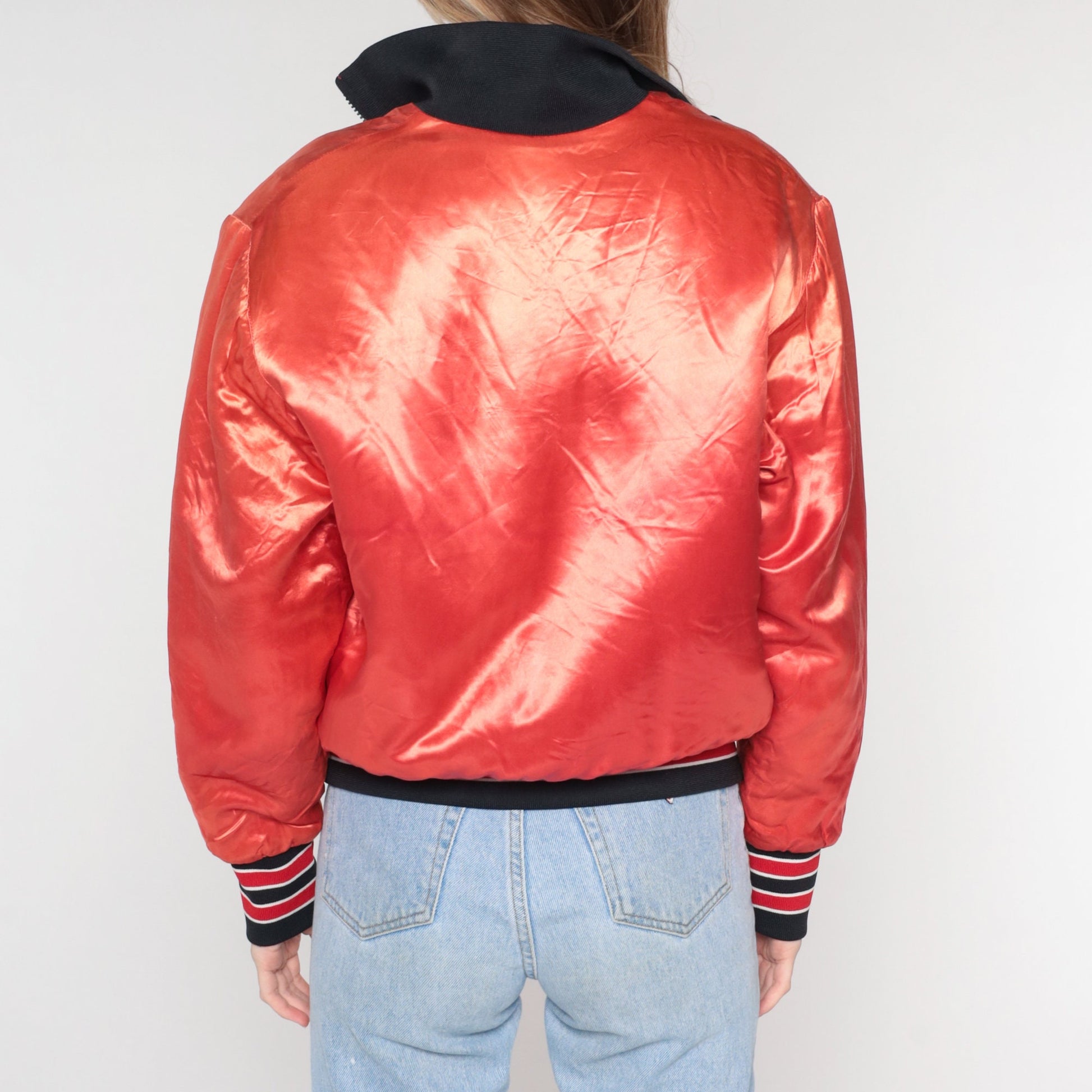 80s Red-Orange Baseball Bomber Jacket Quilted Lining Zip Up Medium