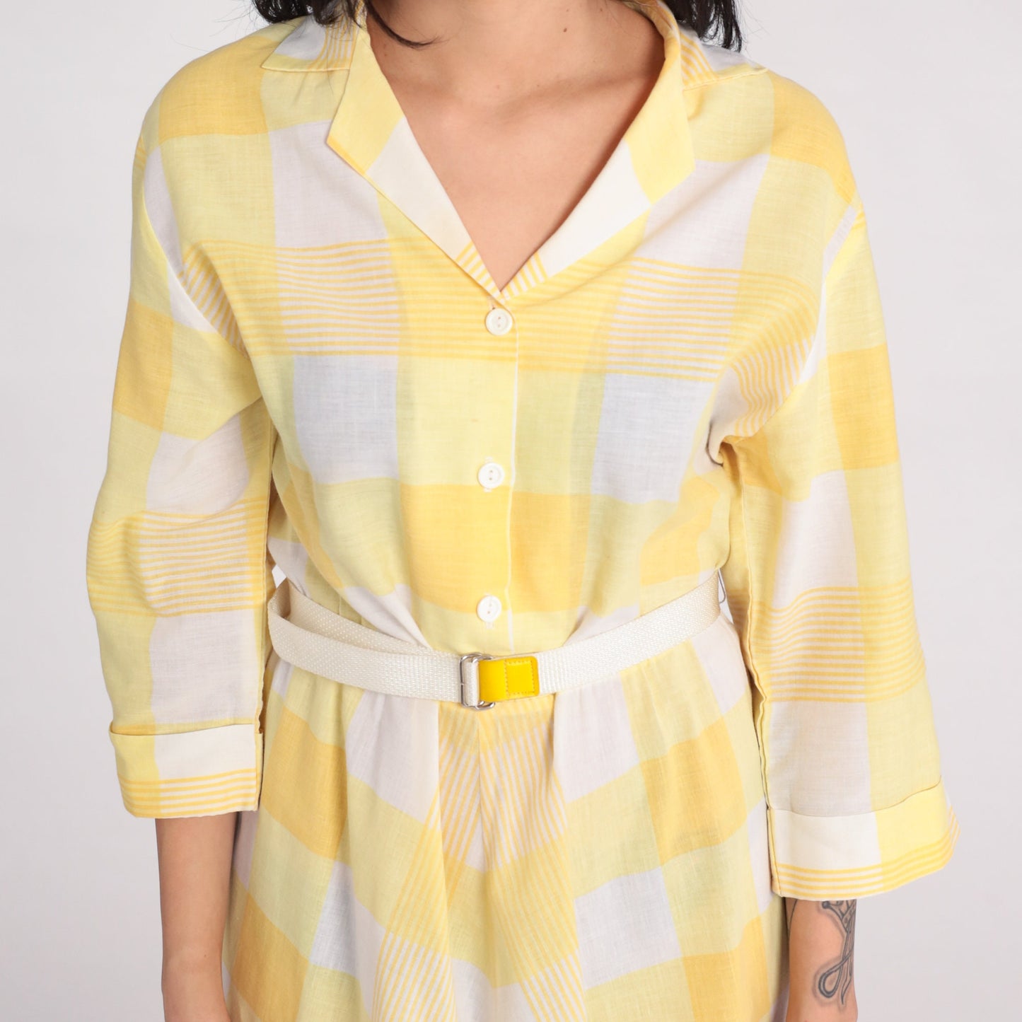 80s Blair Yellow Plaid Midi Shirtdress High Waist Button Up Medium