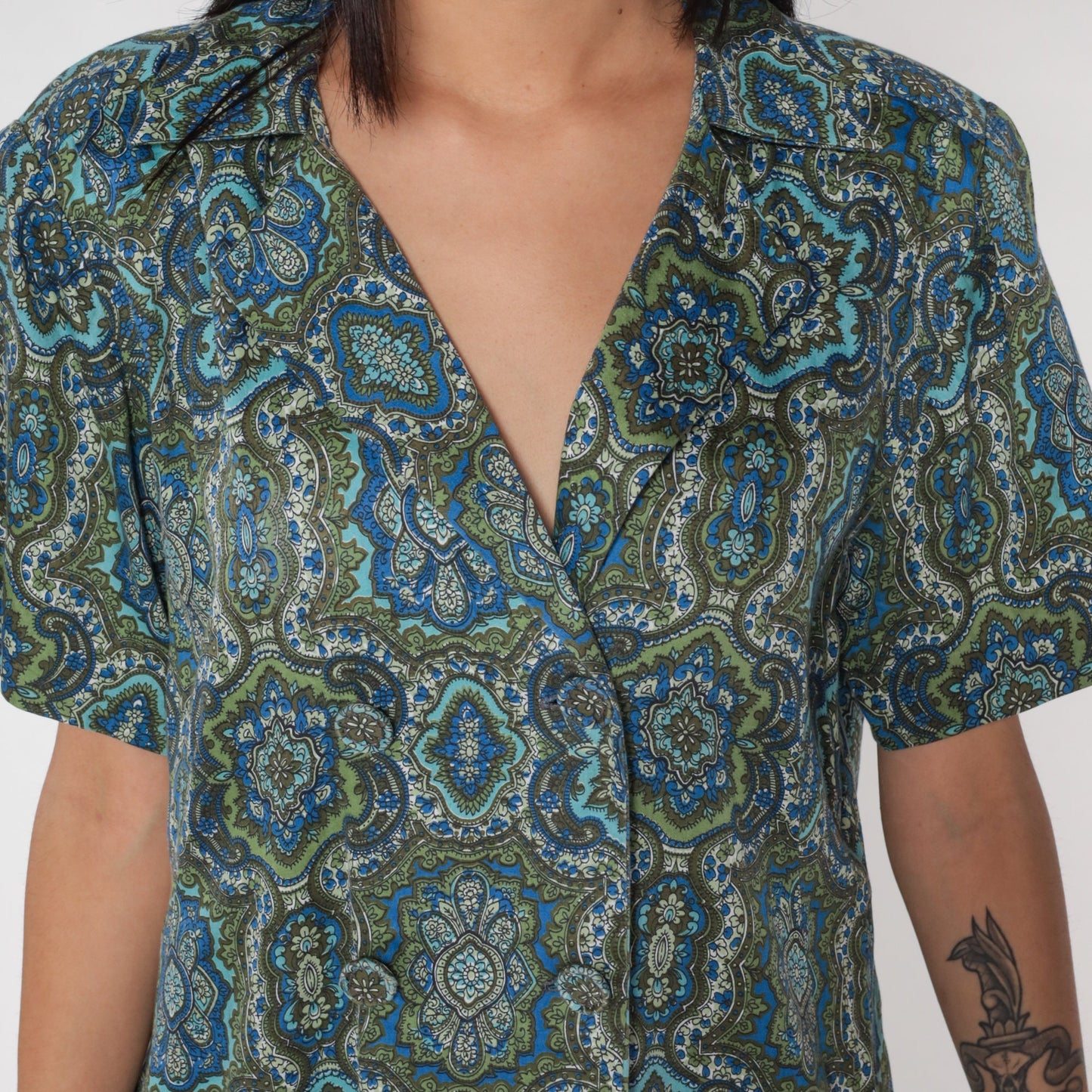 60s Geometric Floral Shirt Dress Mini Blue Green Double Breasted Large L