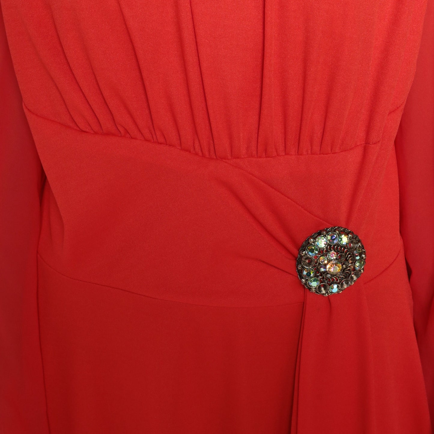 1970s Orange-Red Maxi Dress Rhinestone Sash High Waist Sheer Sleeve Medium