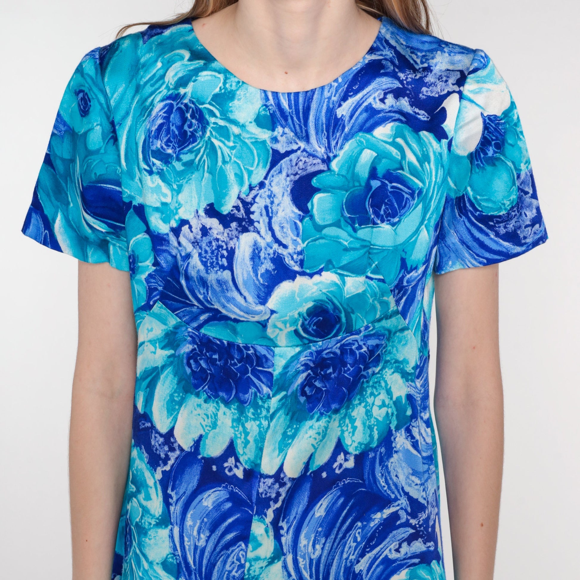70s Blue Floral Rose Print Mini Dress Empire Waist Short Sleeve Small S